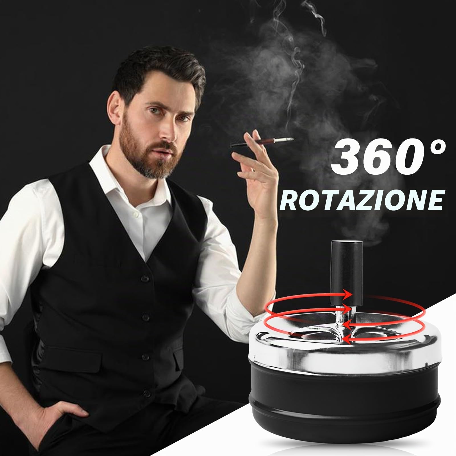 4 pezzi posacenere coperchio girevole per esterni, in acciaio inox, per casa, ufficio, balcone, feste, all'aperto (nero, rosso)