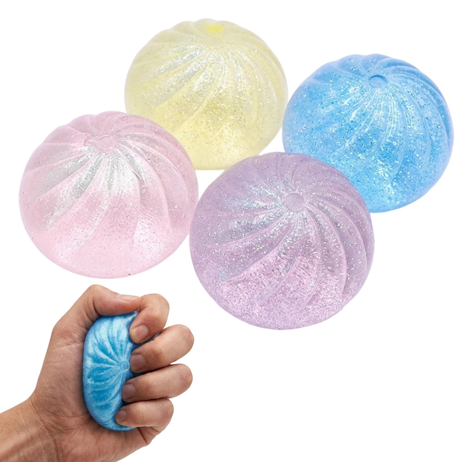 Dumpling Squishy, Dumplings Squishy with Glitter, Stress Relief Sensory Tool for Desk and Portable Use, Four Colour Set in Pink Blue Purple Yellow