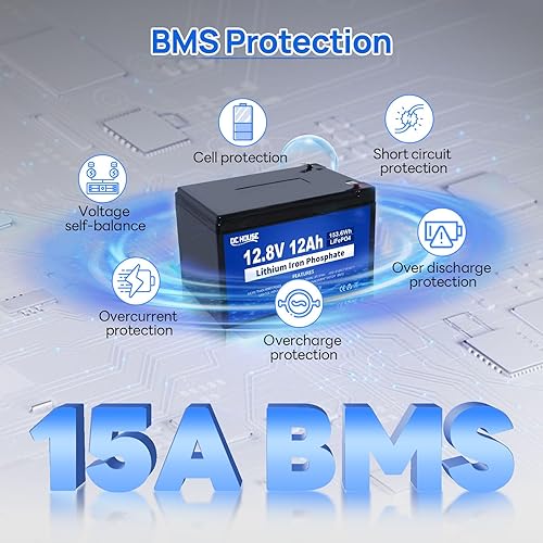 Miniatura 6 de DC HOUSE Batería de litio LiFePO4 de 12 V y 12 Ah con BMS de 15 A, vida útil de 10 años, más de 10000 ciclos, para marina, juguete de paseo,