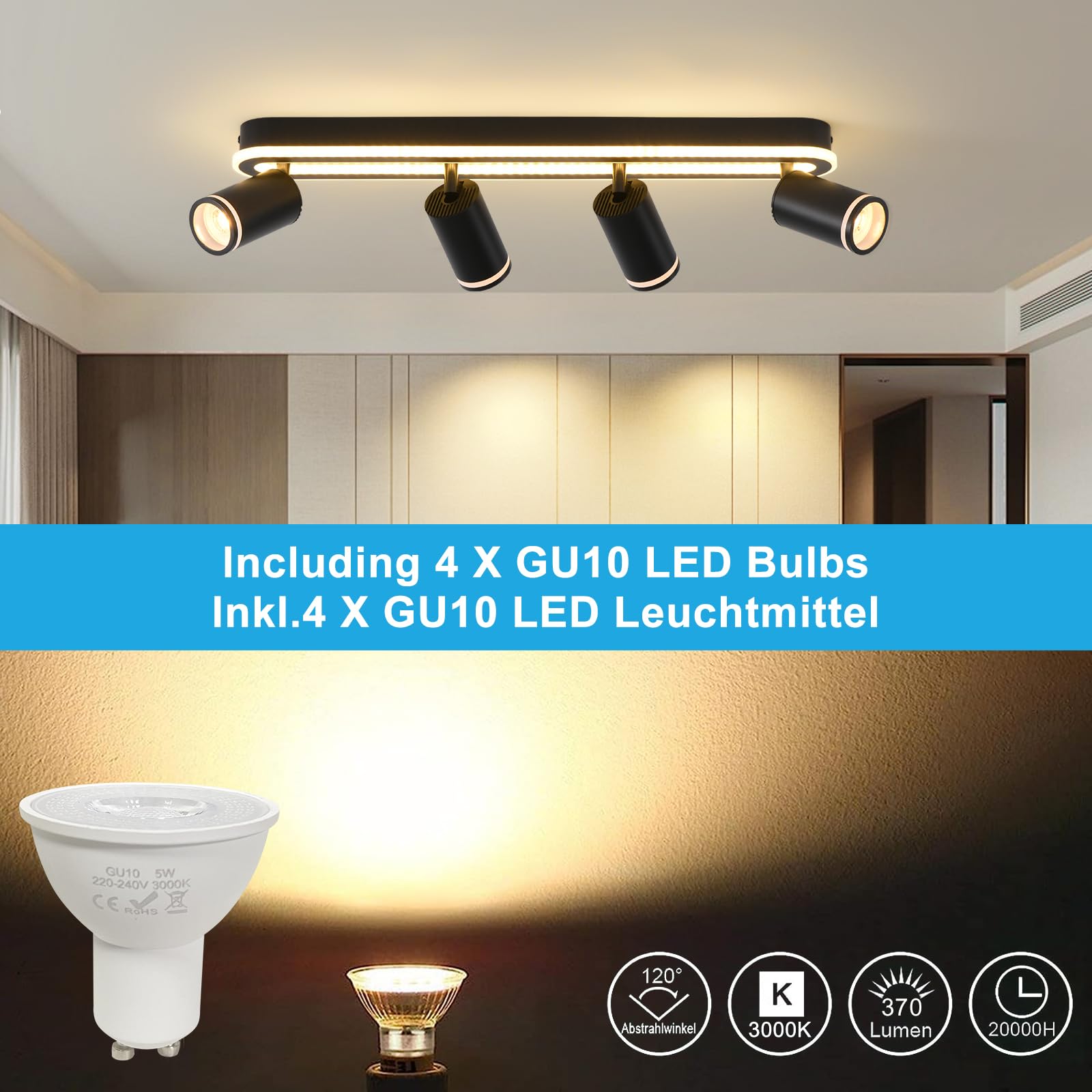 SANSHI Faretti da Soffitto Orientabili Interno LED 4 Luce,Faretti da Parete con Inferiore 36W+4x5W,GU10 Lampadario Faretti,Moderna Plafoniera Faretti Bianco Caldo 3000K per Cameretta Cucina Barra,Nero