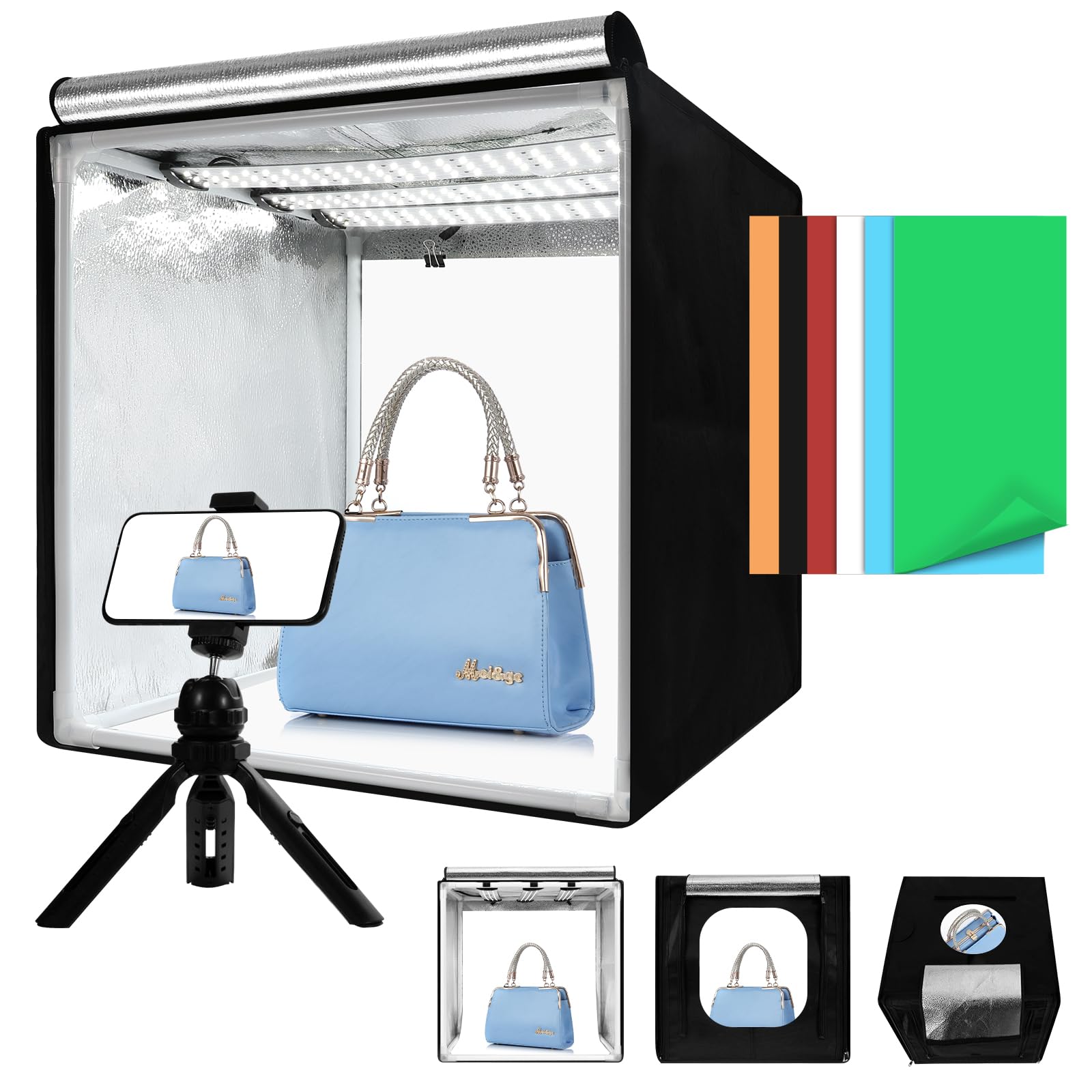 Light Box with Tripod Stand, 16"x16"Upgraded LightBox with 3 Stepless Dimming Light Boards (CRI ≥95) 189 Light Beads, Shooting Tent kit with 6 PVC Backdrops.Photo Studio Light Box for Photography