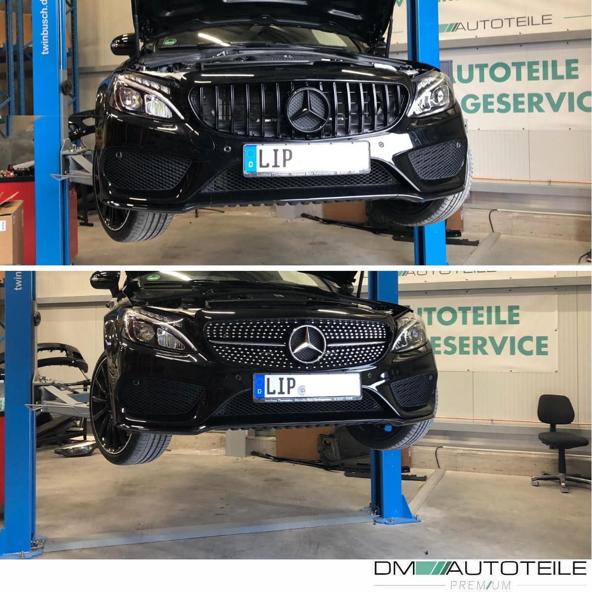 DM Autoteile 2227 Kühlergrill Grill Schwarz Glanz kompatibel für Mercedes C Klasse W205 S205 14-18 auf Sport-Panamericana GT
