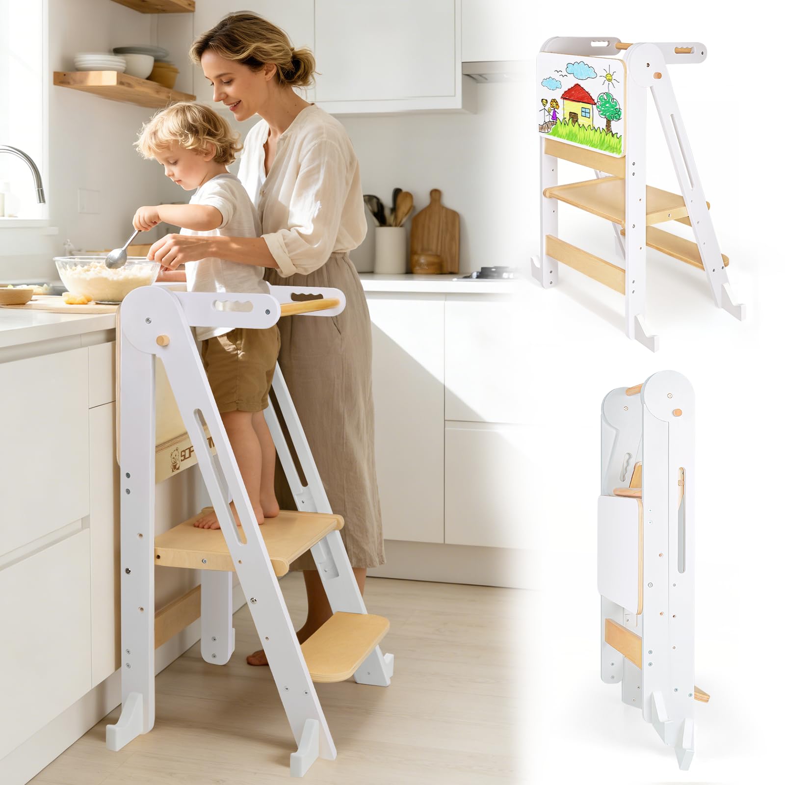 Montessoriana Pieghevole Torre di Apprendimento per Bambini con Tavolo da Disegno e Corrimano di Sicurezza, Regolazione Altezza, Antiribaltamento