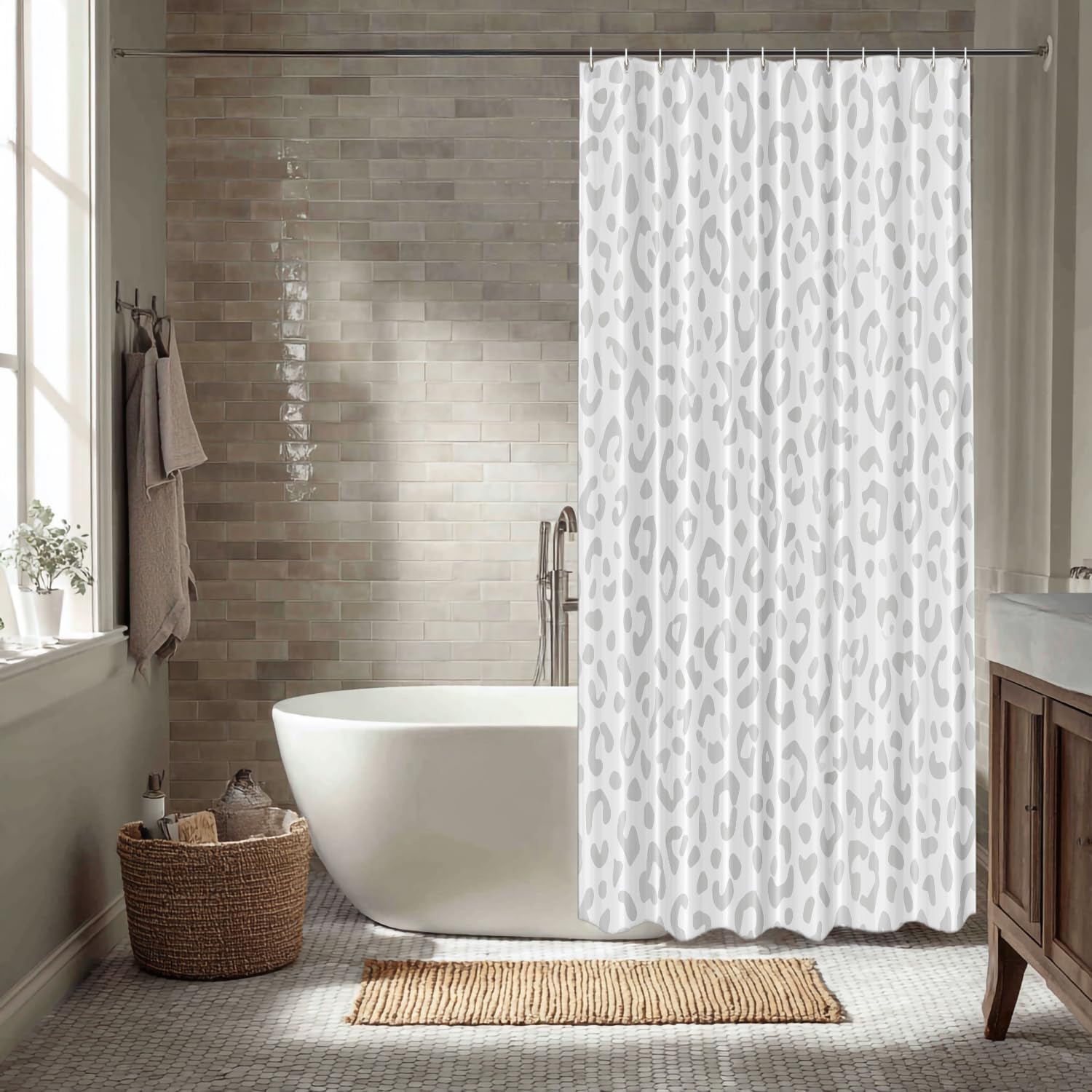 Grey Leopard Print Decor Shower Curtain Set,Animal Nature Cat Wildlife Fur Polyester Shower Curtain for Shower Stall Bathroom Waterproof with 12 Hooks 72x72 Inch