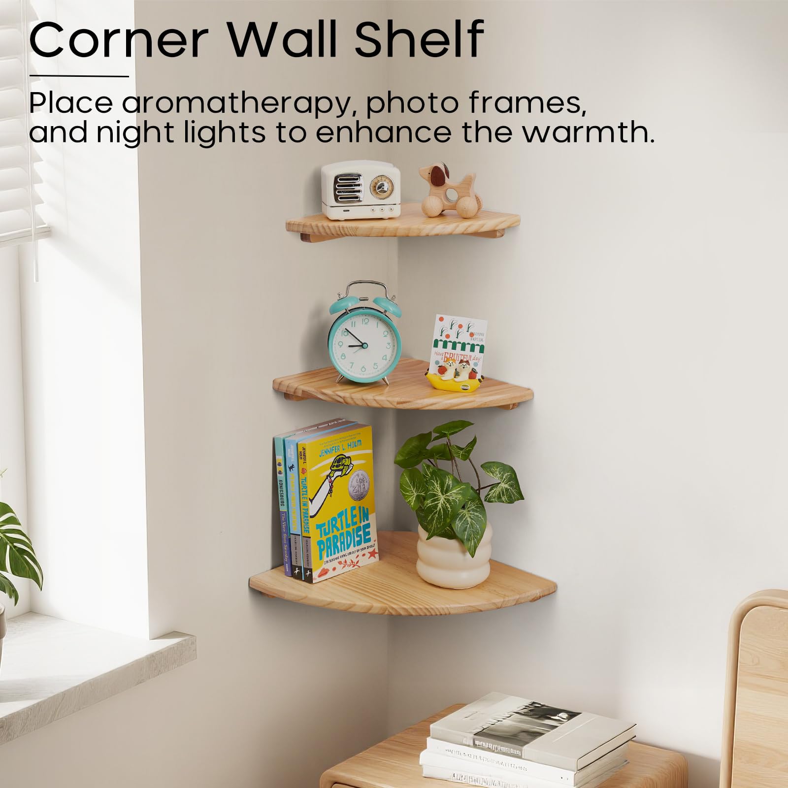 Gieanoo Corner Floating Shelves,Set of 3 Solid Pine Wood Round Corner Shelves Wall Mounted with Wire Hole Floating Corner Shelf for Small Plant for Bedroom Kitchen Living Room(Natural 9/10/12in) - Image 3