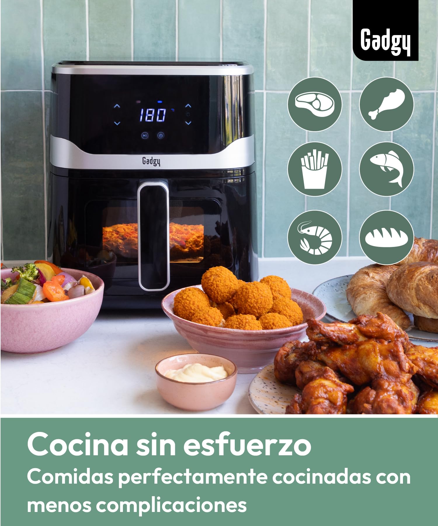 Gadgy Freidora de Aire 5 L 1400 W con Ventana y Pantalla Táctil | Airfryer con 7 Programas de 80 a 200 Grados Cesta Antiadherente para Patatas Pollo Pescado Verduras y Snacks