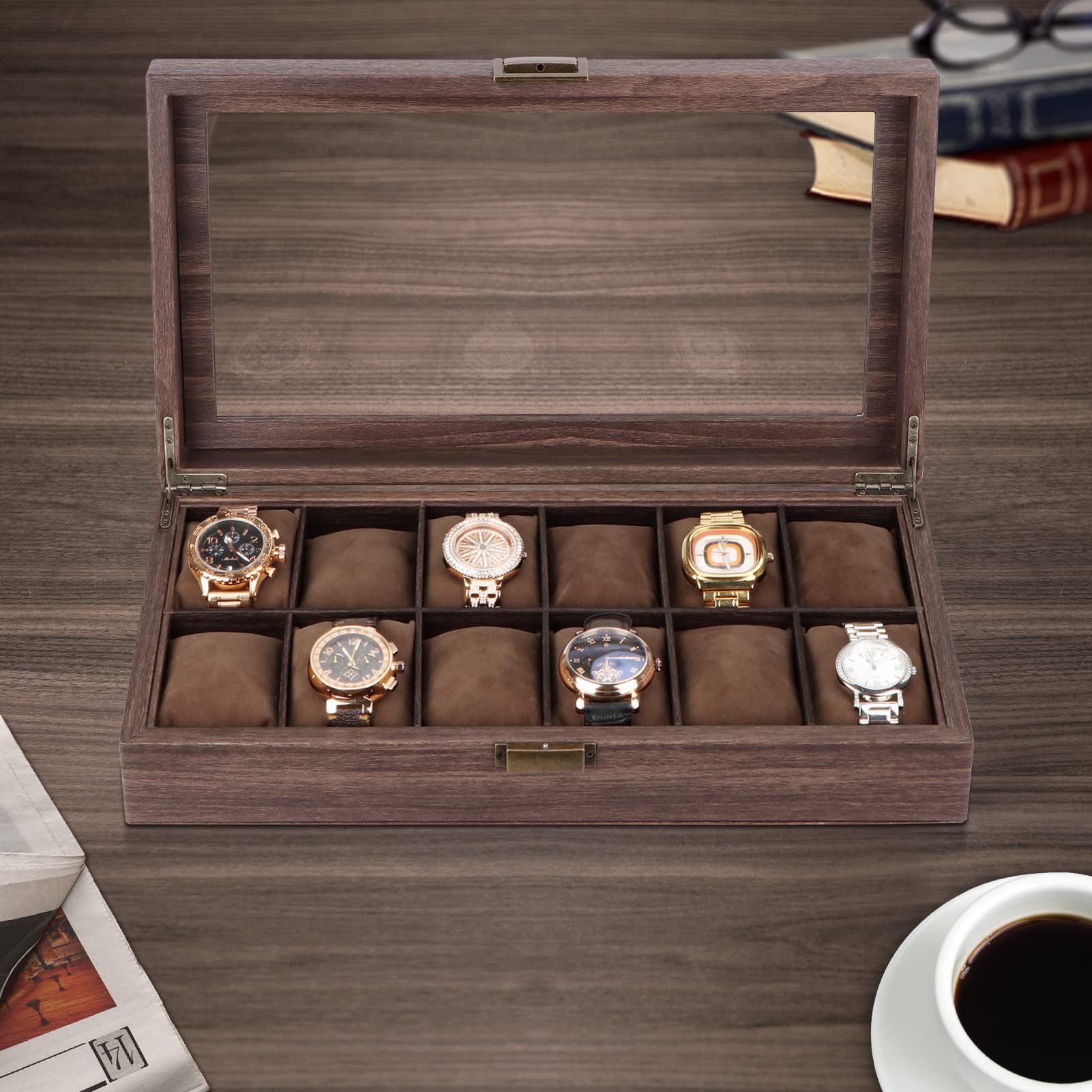 HomarketHomarket 12 Slot Watch Box Glass Top Watch Display Organizer Case Large Jewelry Watches Storage Holder for Women Men Gifts