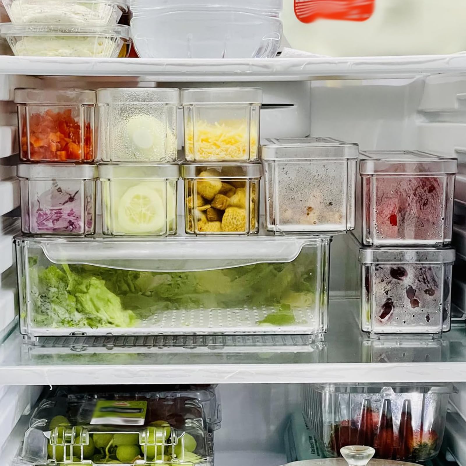 HAKZEON Confezione da 10 contenitori trasparenti per frigorifero con coperchi, scatole impilabili per frigorifero con fori di scarico, organizer in plastica per congelatore Set di contenitori per frig
