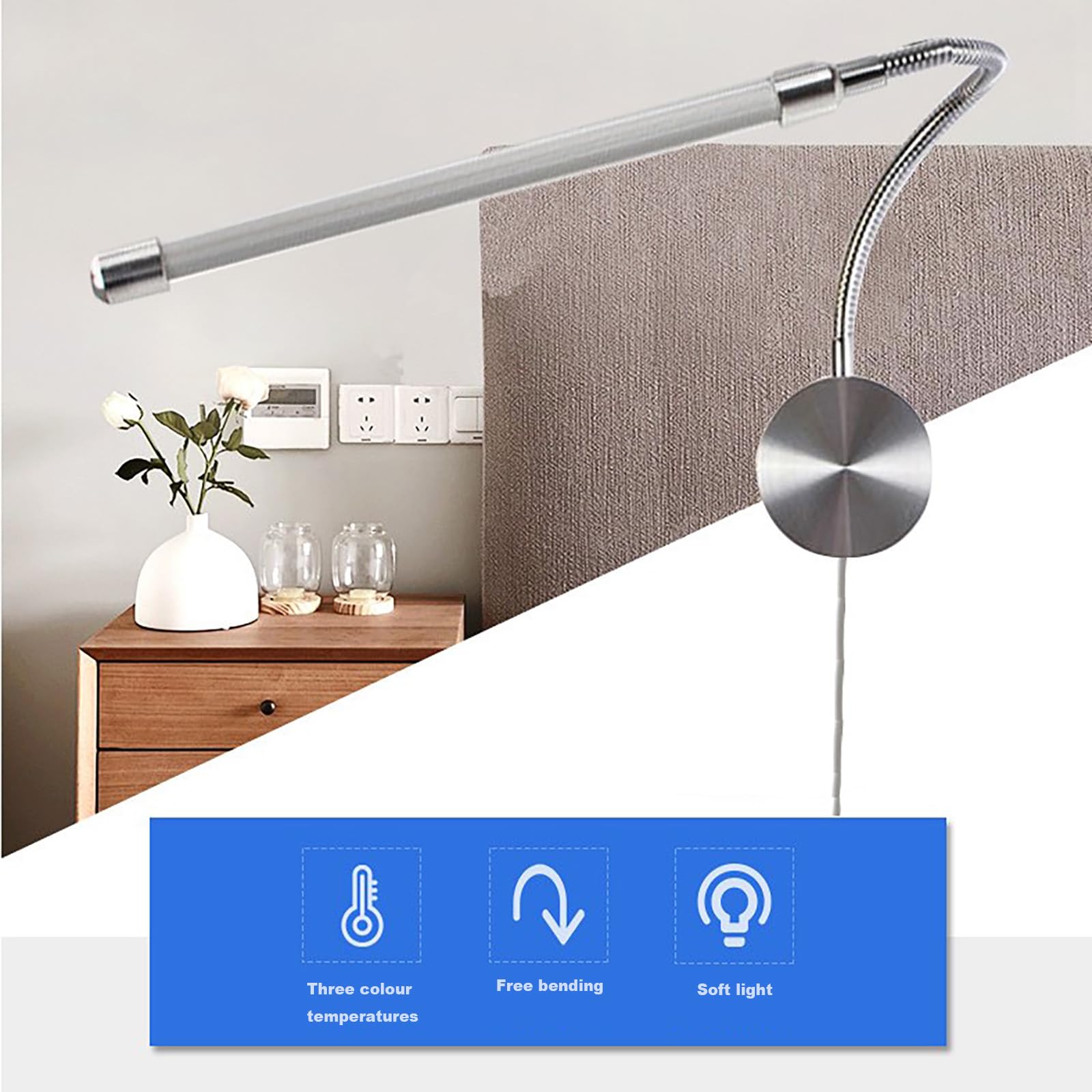 LED Schwanenhals Lampe mit Schalter Modern Schlafzimmer Nachttischlampe Silber 360° Einstellbar Leselampe Wandlampe Innen Wandbeleuchtung mit 190cm Kabel Stecker Kinderzimmer (Warms Licht,2 Stück)