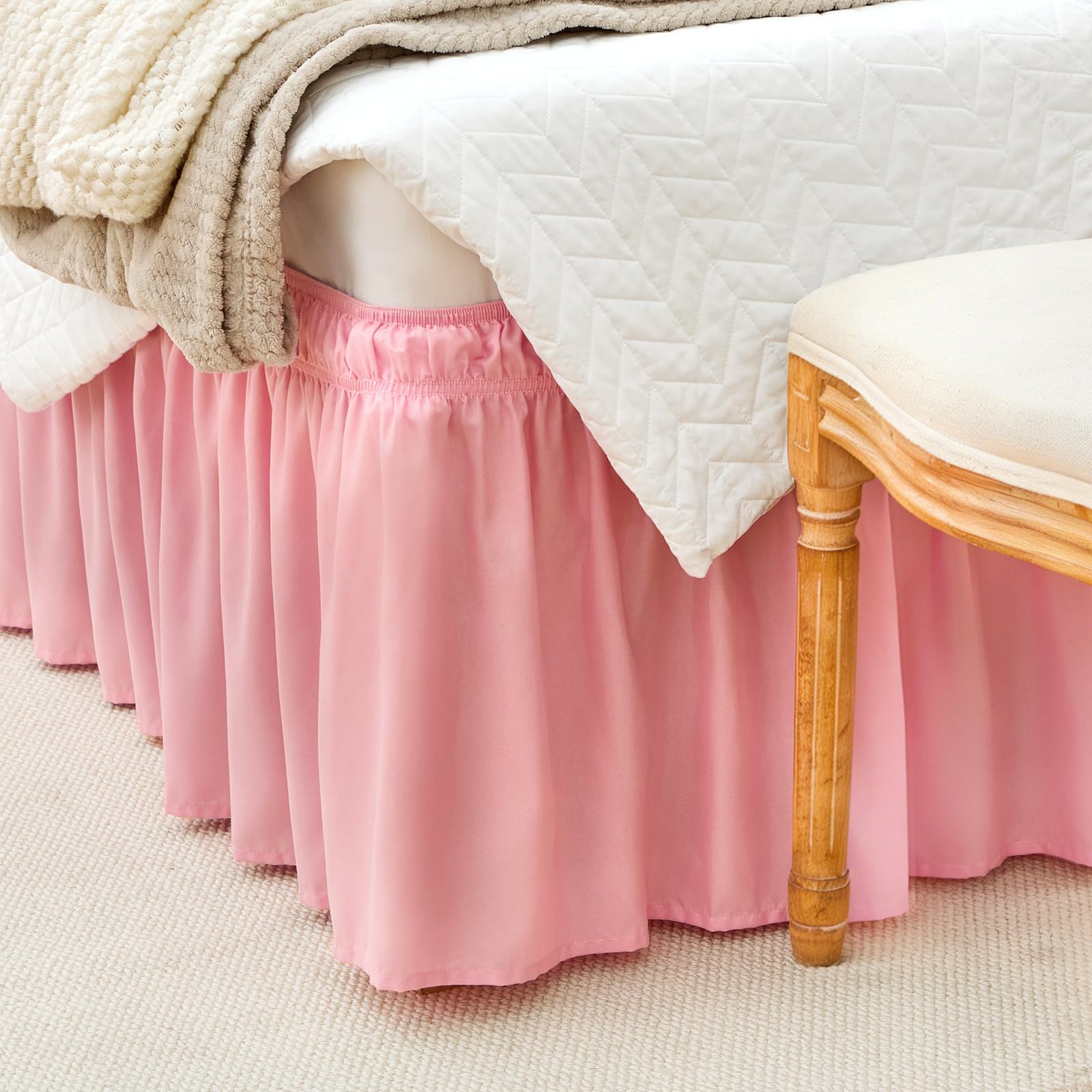 RIMELA Pink Bed Valance King Elastic Bed Skirt, Bed Valance Sheet Easy to Install, Lightweight Wrap Around Adjustable Bed skirt - 38 cm Drop - (150 x 200 cm)