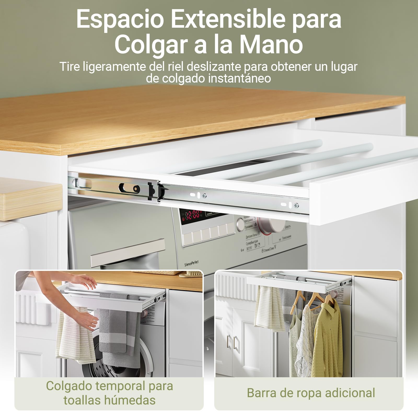SoBuy Mueble Lavadora con Cesto para Ropa 100x60x95 cm Lavandería y Baño | Mueble sobre Lavadora, Estantería con Tendedero Extraíble, Armario Blanco y Madera BZR223-WN