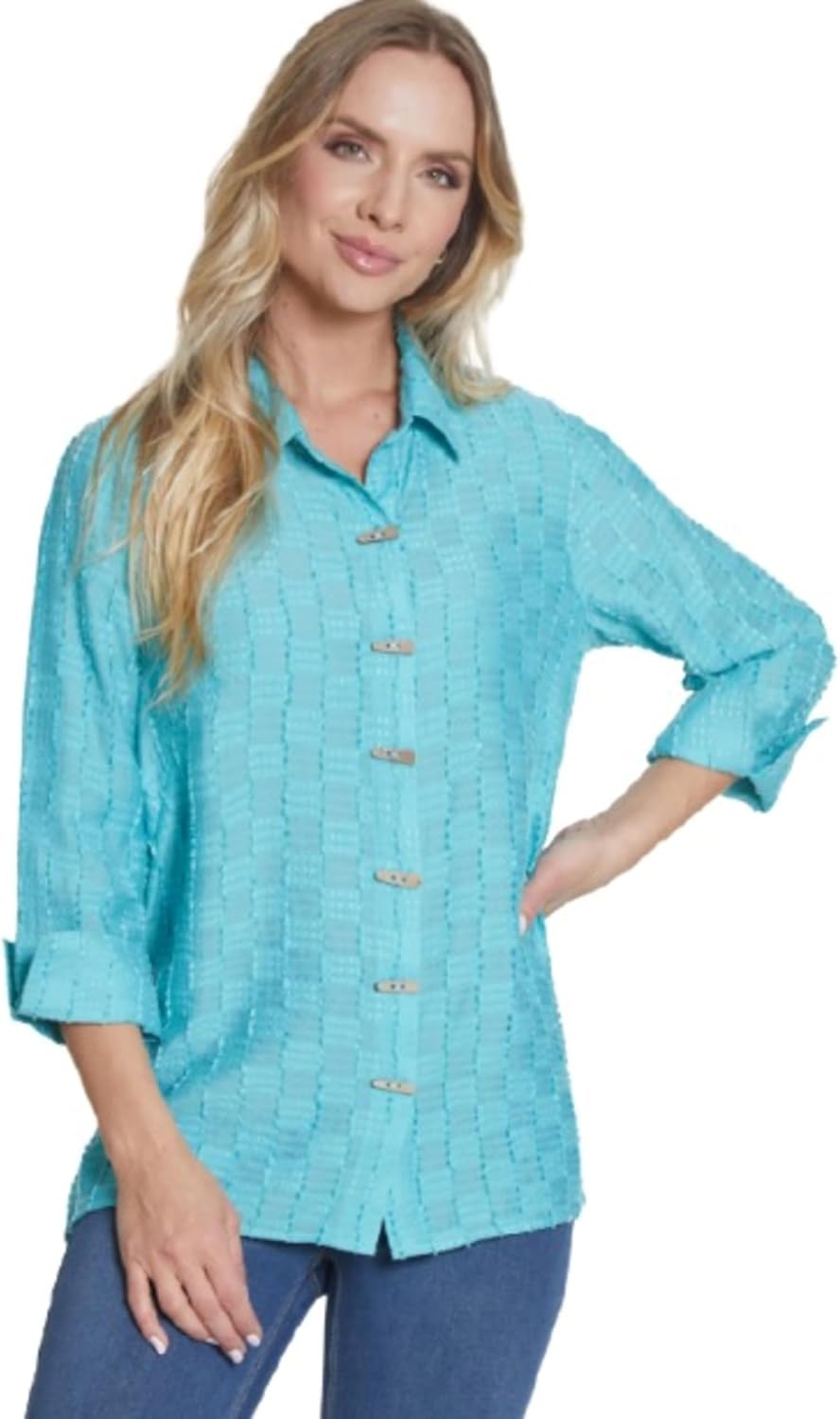 MULTIPLES Women's Turn-up Cuff Three Quarters Sleeves Button Front High-Low Shirt