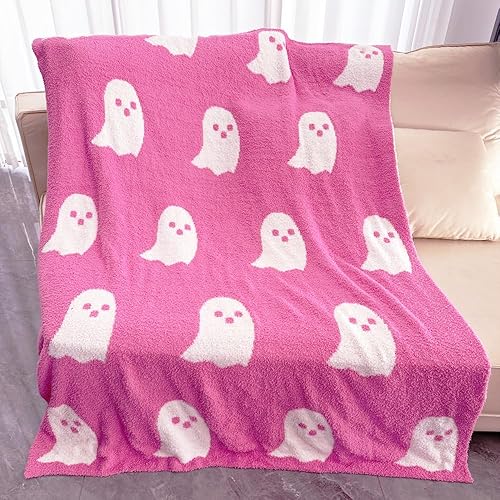 Miniatura 5 de Bonita manta de fantasma rosa de Halloween, decoración de habitación, manta estética para sofá cama, sofá, manta reversible de felpa súper suave