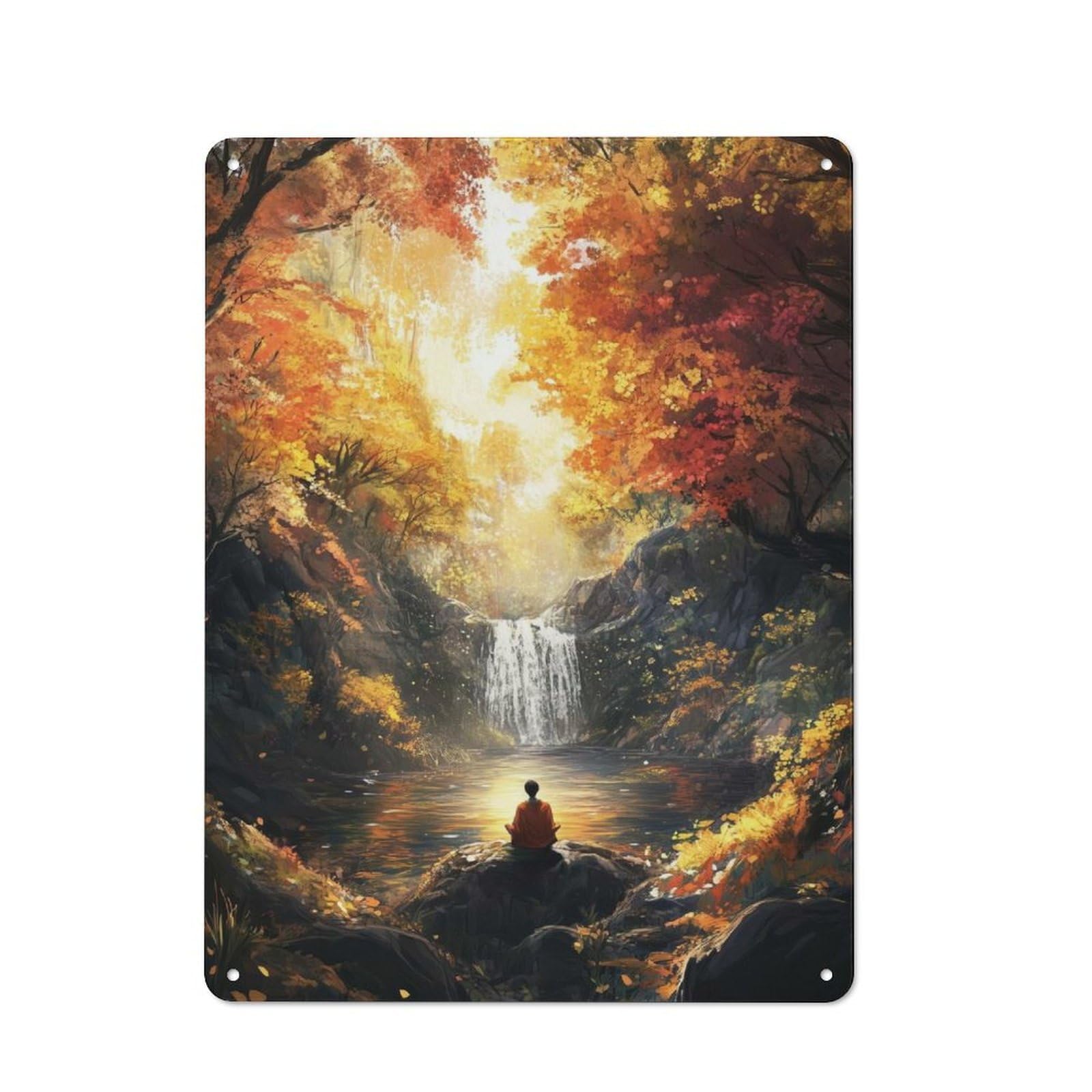 Junmoney Style-1 For Lounge Or Reading Corner, Autumn Meditation By Waterfall Vintage Metal Sign 40X30cm, For Collectors Decorating Lounges And Reading Corners