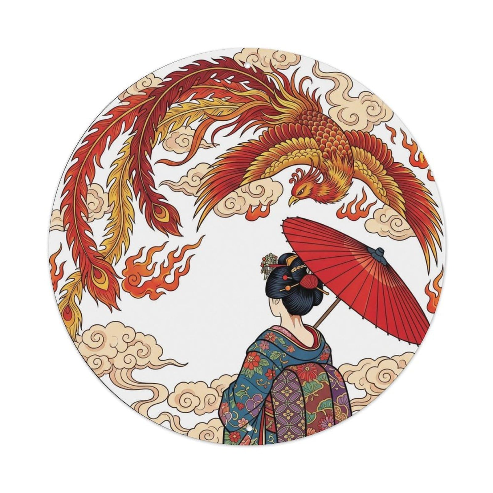 Galvaxio Style Japanese Kimono Woman Phoenix Soaring Mythical Scene Metal Tin Sign