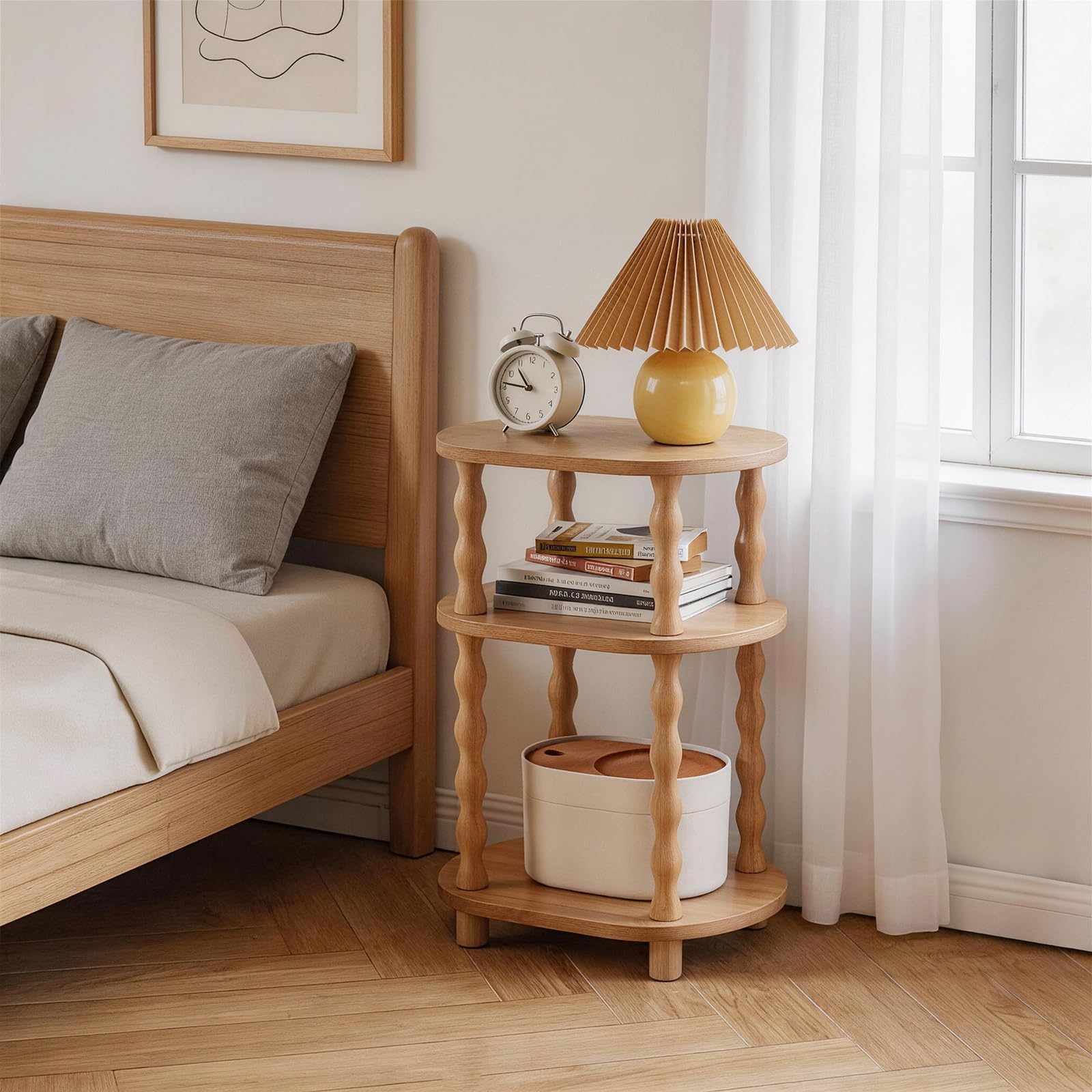 Aibiju Mesa Auxiliar de 3 Niveles con Patas de Madera Maciza, Pequeña Mesa Auxiliar Ovalada, Mesita de Noche con Estante para Dormitorio, Sala de Estar y Pasillo, Roble YD-ST004R