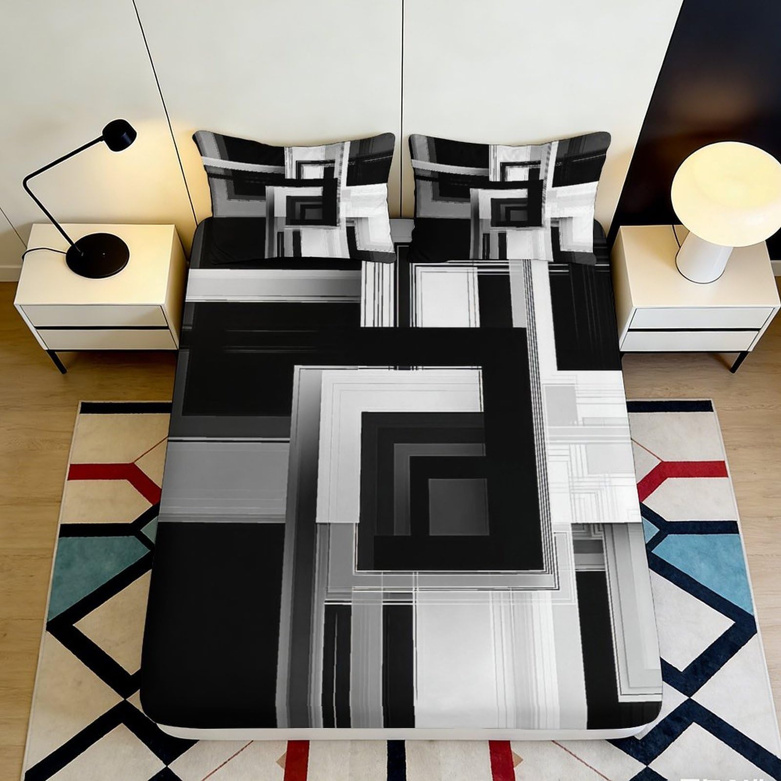 3D Printed Geometric Black White Fitted Sheet Microfiber Soft Grey Abstract Bed Sheet for Bedroom Guestroom Decor 90x200x25cm