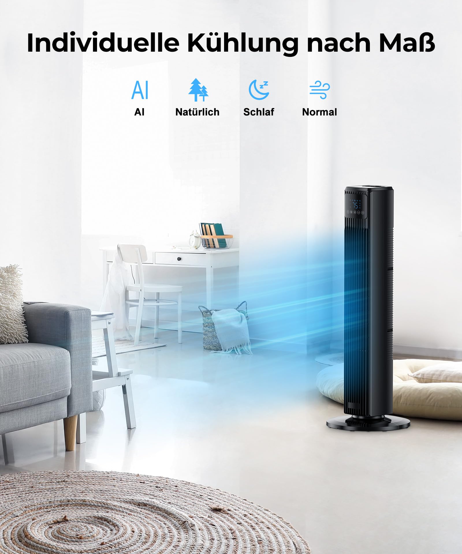 PNTCK Turmventilator, Ventilator leise mit Fernbedienung, 90° oszillierender Standventilator mit 4 Geschwindigkeiten & 4 Modi, 12H Timer, 8 m/s Luftstrom, Ventilator für Zuhause, Büro & Innenräume