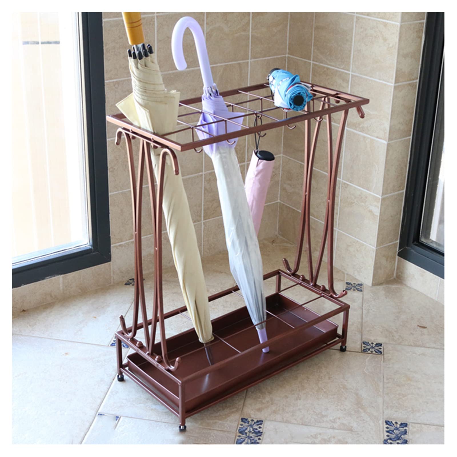 FCXWEVR High Capacity Umbrella Stand for Commercial/Home Use 18 Holes + 10 Hooks Umbrella Racks with Independent Spaces for Hallway Office and Door Brown Color