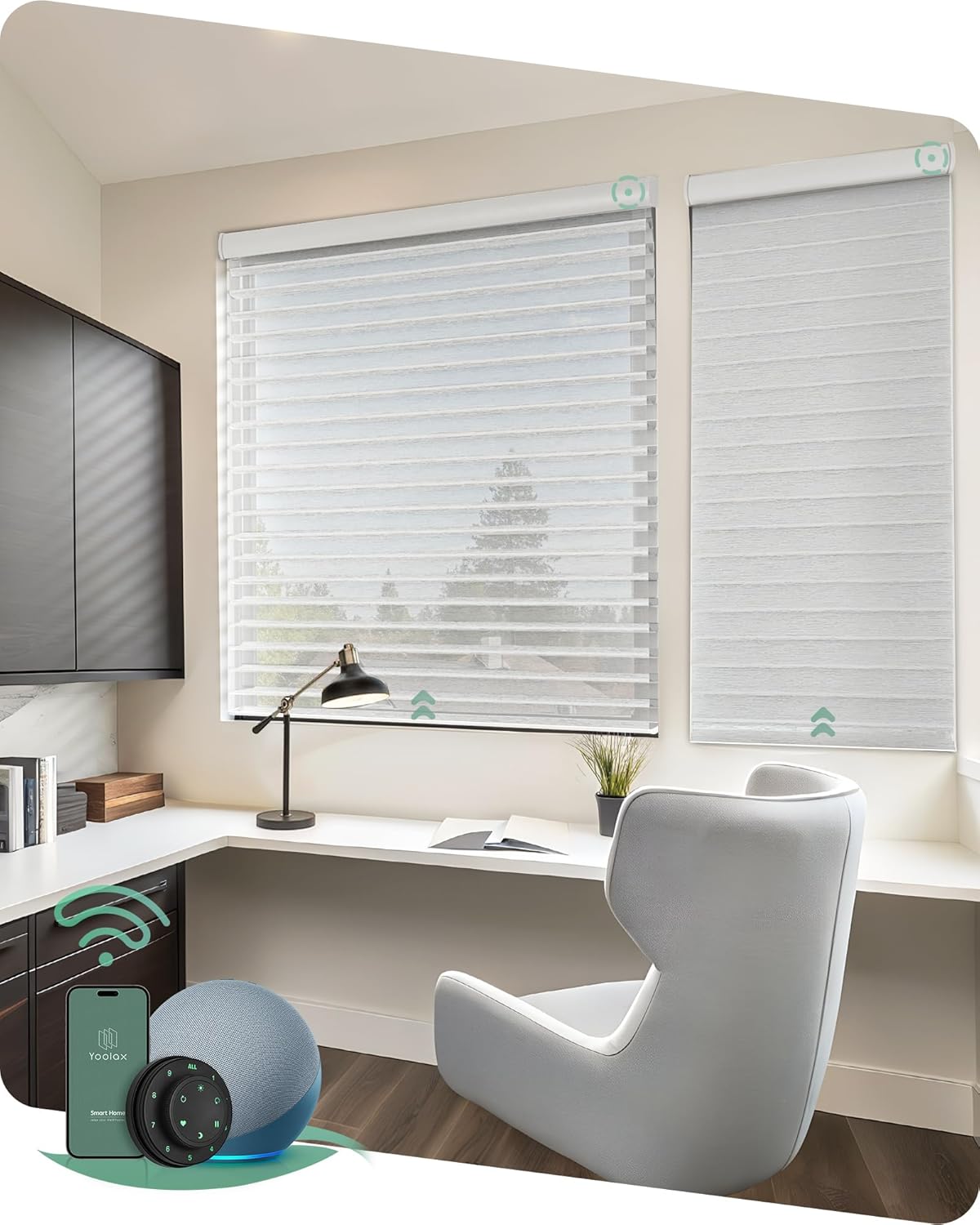 Yoolax Motorized Shangri-la Shades Work with Alexa Google, Motorized Blinds with Remote Control Light Filtering Shangri-la Blinds for Windows Smart Shades Custom Size (85% Blackout Texture White)