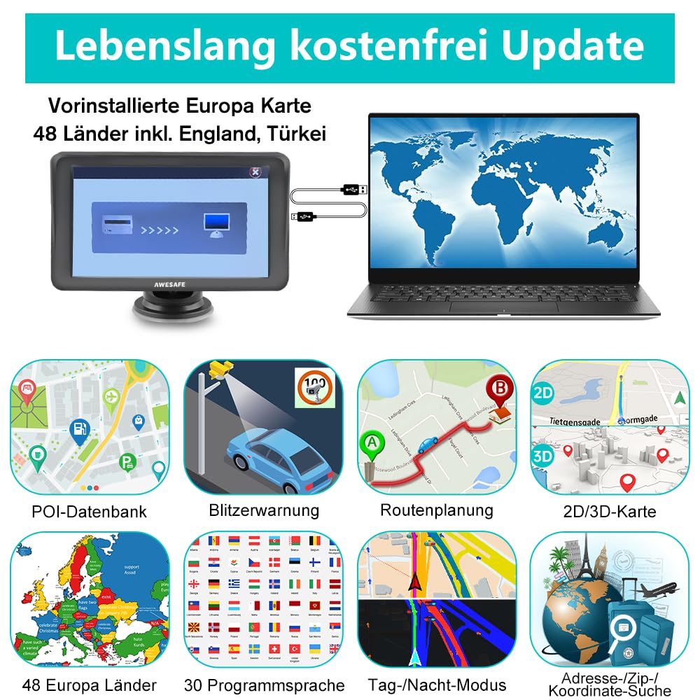 AWESAFE Navigationsgeräte für Auto, 7 Zoll Touchscreen, 2023 Europa Karten unterstützt lebenslang kostenloses, GPS Navigation für Auto PKW KFZ LKW