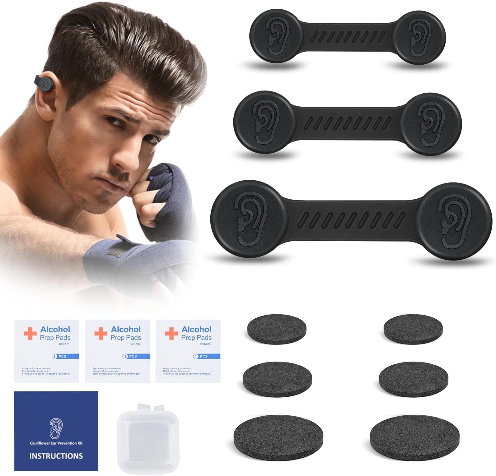 Cauliflower Ear Magnet - Effective Magnets Compression Kit - Prevention & Treatment of Hematomas & Keloid in BJJ, Wrestling, MMA, Grappling, Boxing, Muay Thai, Rugby (Small, Middle and Large)