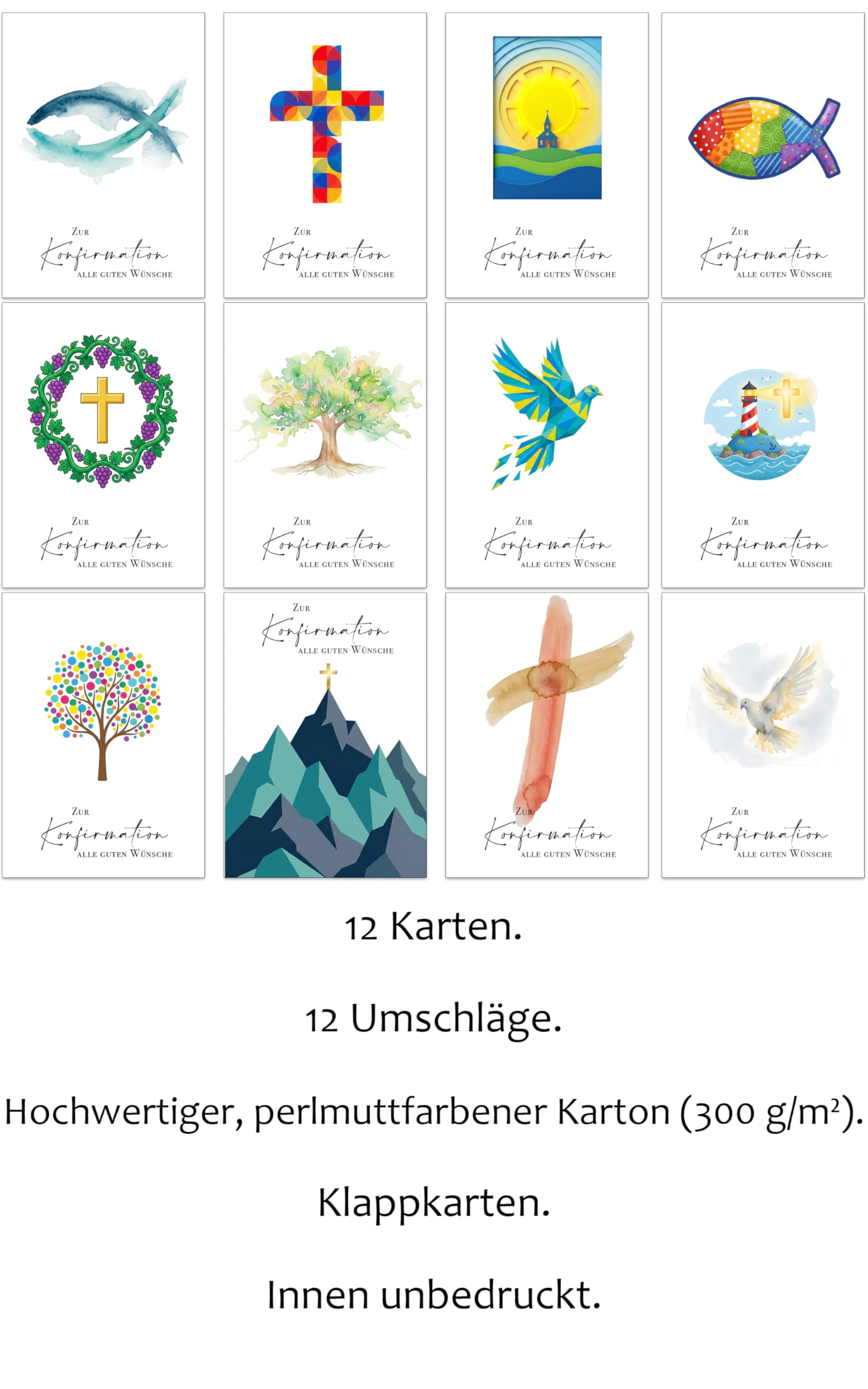 Konfirmationskarten Set 12 Stück, moderne Karten zur Konfirmation mit 12 hellen Aquarell Designs A6 Klappkarten 300gsm Perlglanz Karton mädchen jungen junge - 2
