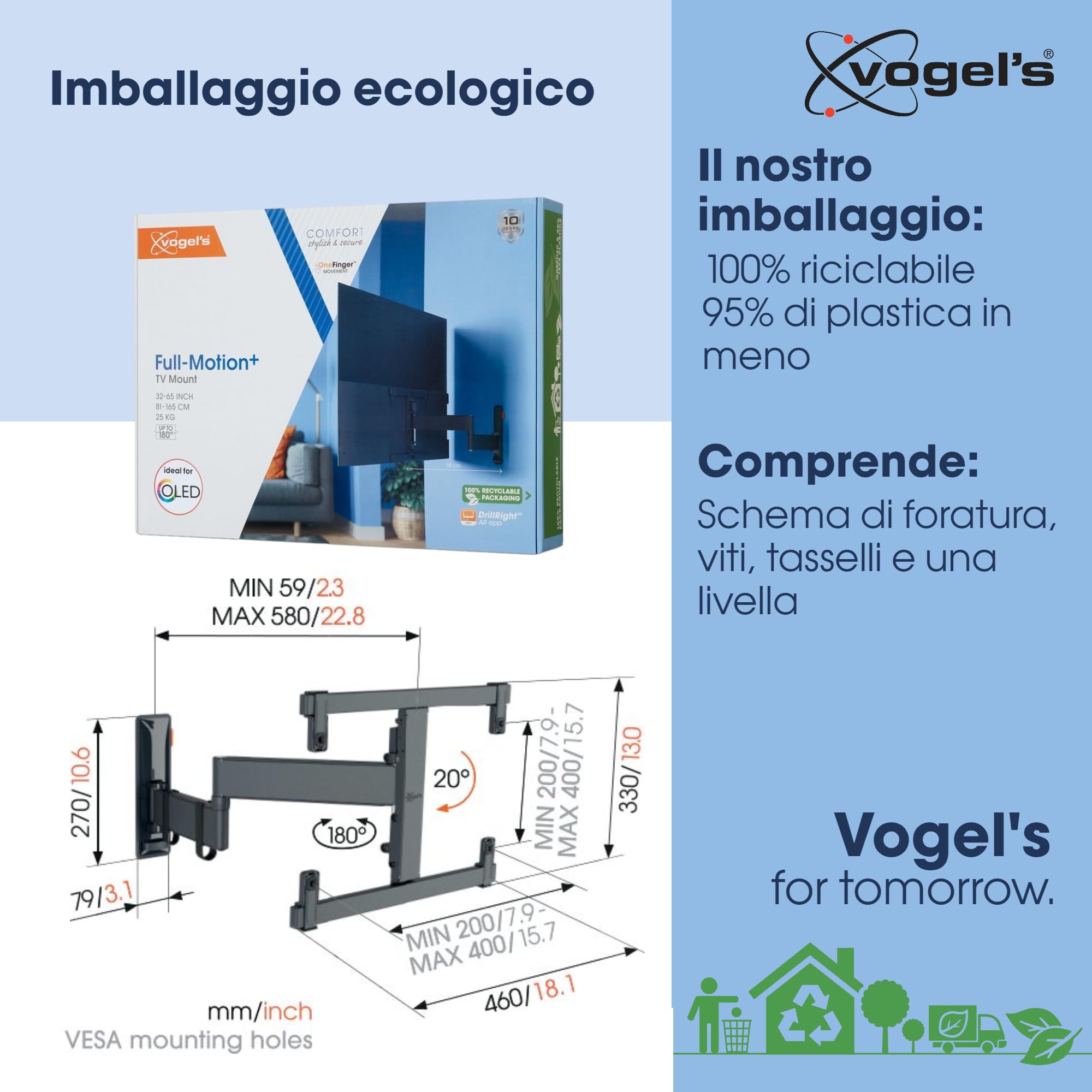 Vogel’s TVM 3465 Supporto TV OLED girevole per televisori da 32-65 pollici, Max. 25 kg, Orientabile fino a 180°, Staffa da parete per OLED full-motion max. VESA 400x400