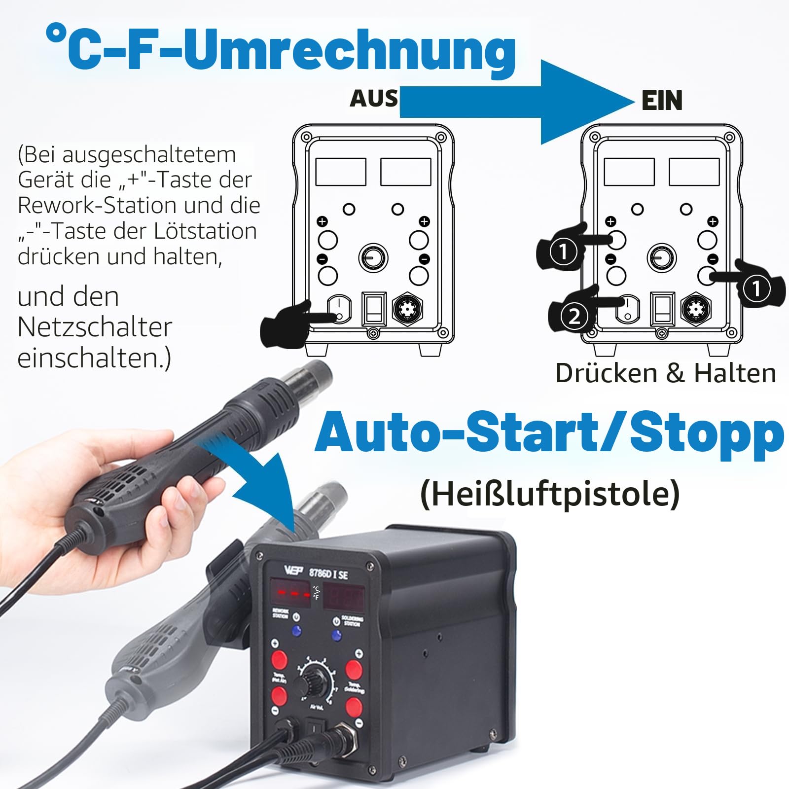 WEP 8786D-I SE 2-in-1-Hot-Air-Lötkolben-Station-Kit zum Rework und Desolderen mit bleifreiem Lötdraht, 5 Lötspitzen, 3 Heißluftdüsen, Pinzette, Entlötpumpe (EU Stecker)