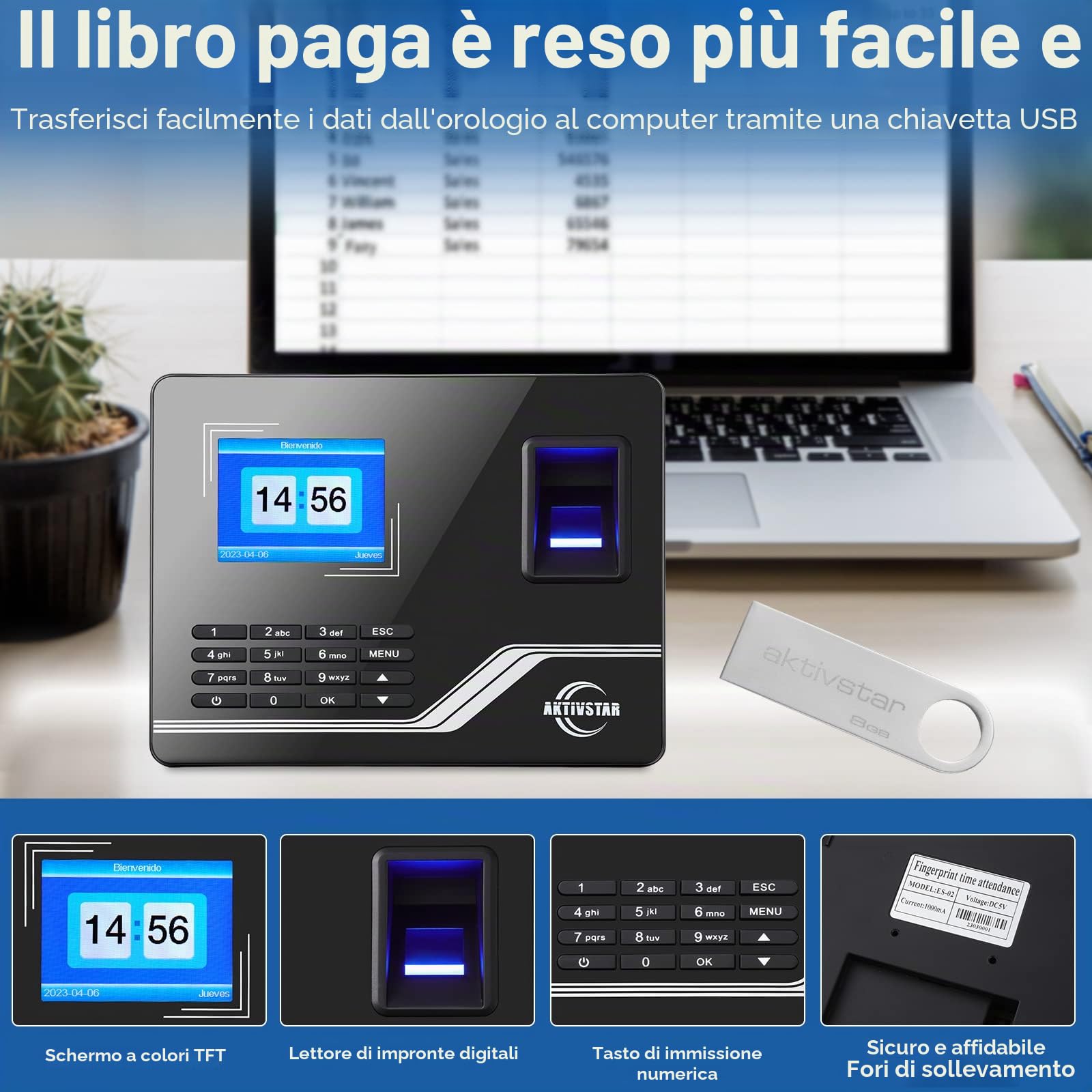 Aktivstar Controllo Orario Dipendenti, Scheda con Schermo, Memoria USB da 8GB, Macchina di Assistenza Biometrica con Capacità di 1000 Impronte Sistema Spagnolo, Senza Connessione Internet