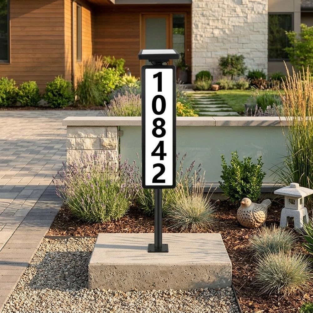 Número de casa solar iluminado, resistente al agua, con paneles duales, altura regulable, 3 temperaturas de color, placa LED para dirección de jardín, entrada de jardín, material ABS, incluye juego de