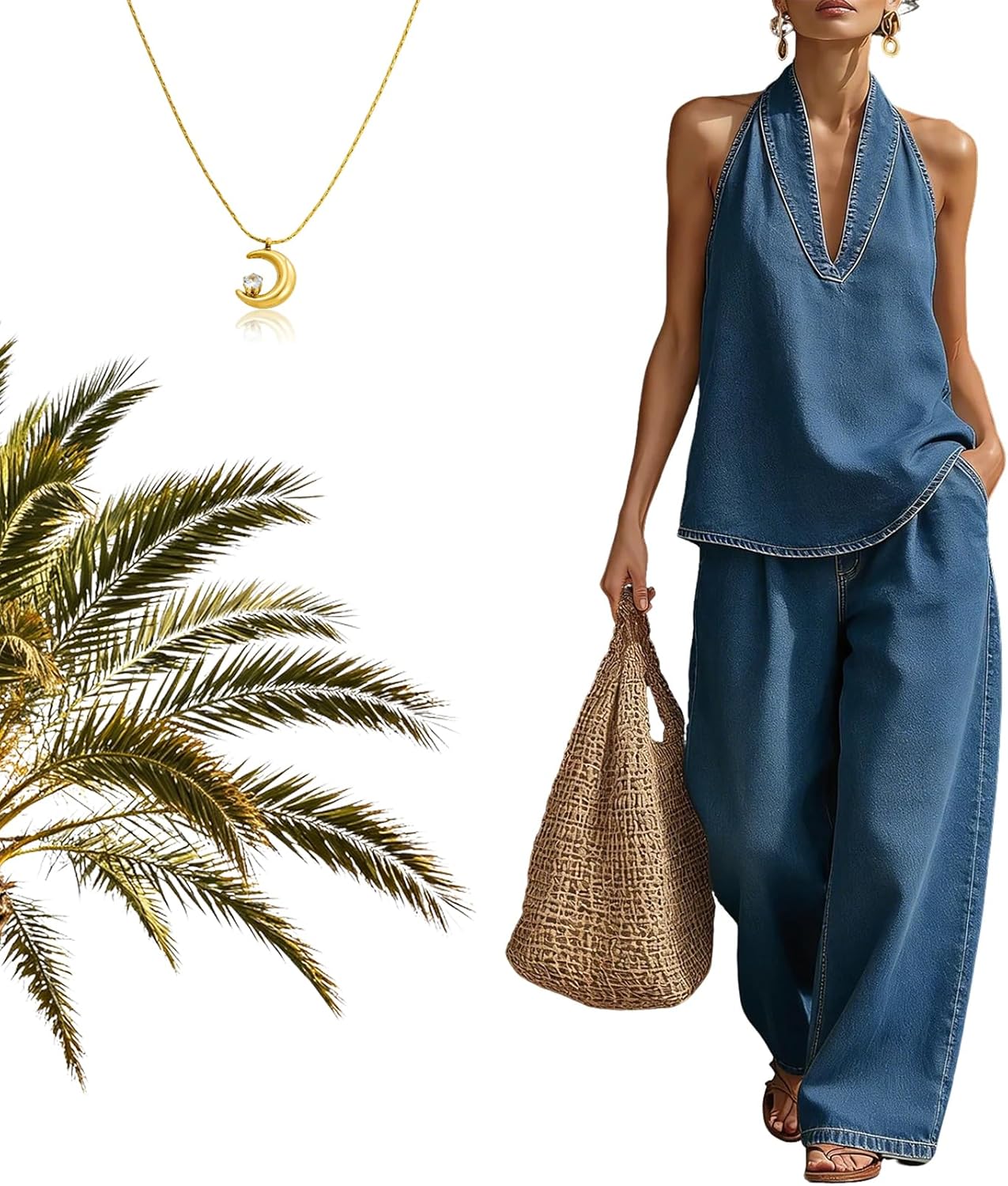 Denim Two Piece Outfit for Women Summer Casual Matching Set Halter Top Wide Leg Pants Travel Outfit with Necklace