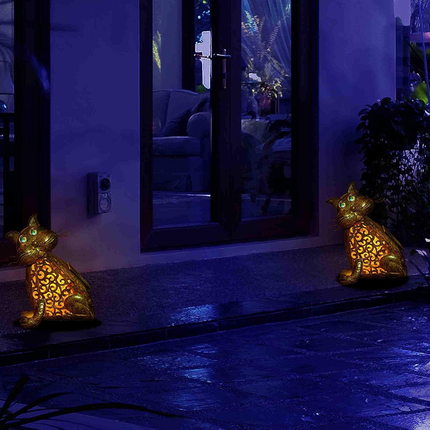 Cat Lamp 3D Solar Garden Decorations Lights Christmas Yard Feline Metal Figures Outdoor Zen Welcome Animal Statue Halloween Night Home Patio LED Tail Novelty Vintage Lucky Shaped Accent
