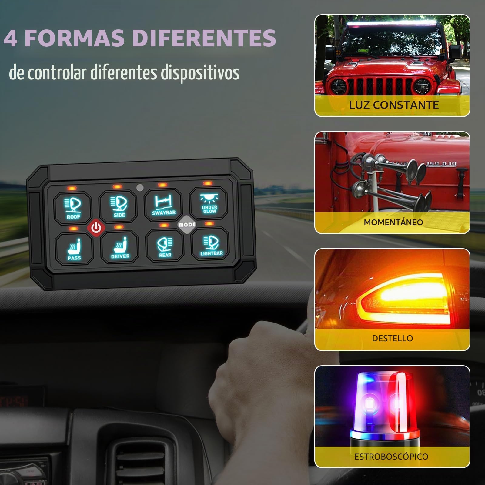 Panel de interruptor de 8 marchas, sistema de relé de circuito universal | conmutación inteligente y LED regulable, panel táctil RGB de siete colores para coche
