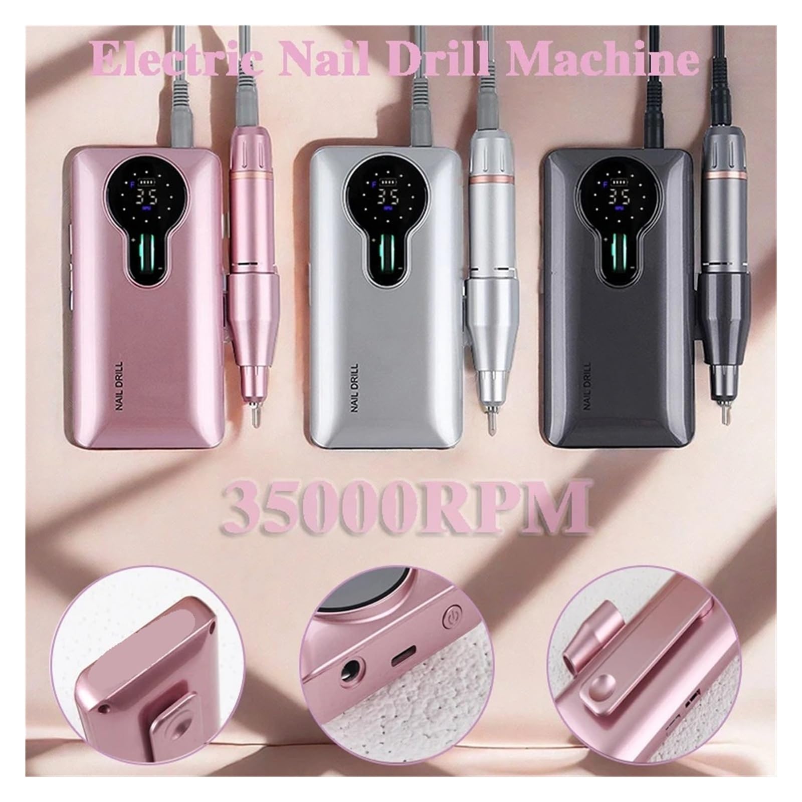 Frezarka do paznokci, Elektryczna wiertarka do paznokci 35000 obr./min. Profesjonalna maszyna manicure, szlifierka, akumulatorowa do użytku domowego