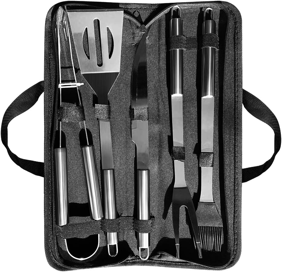 PTAPIPI 5-Piece Stainless Steel Grill Tool Set with Carry Bag – BBQ Utensils for Him, Young Men, Camping & Tailgating, Budget-Friendly Barbeque Gift