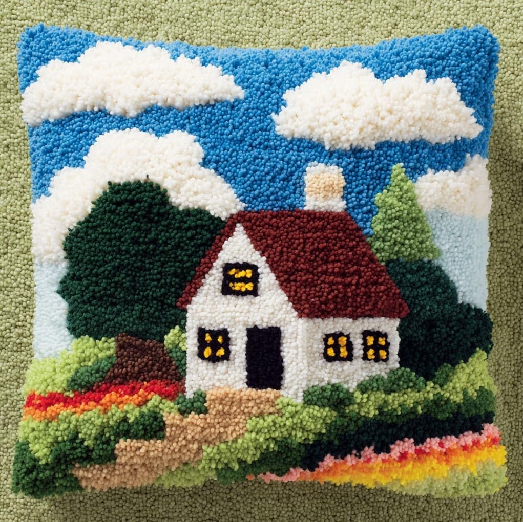 WallustrioaW Latch Hook Pillow Kits Cushion,Cartoon House in the Forest