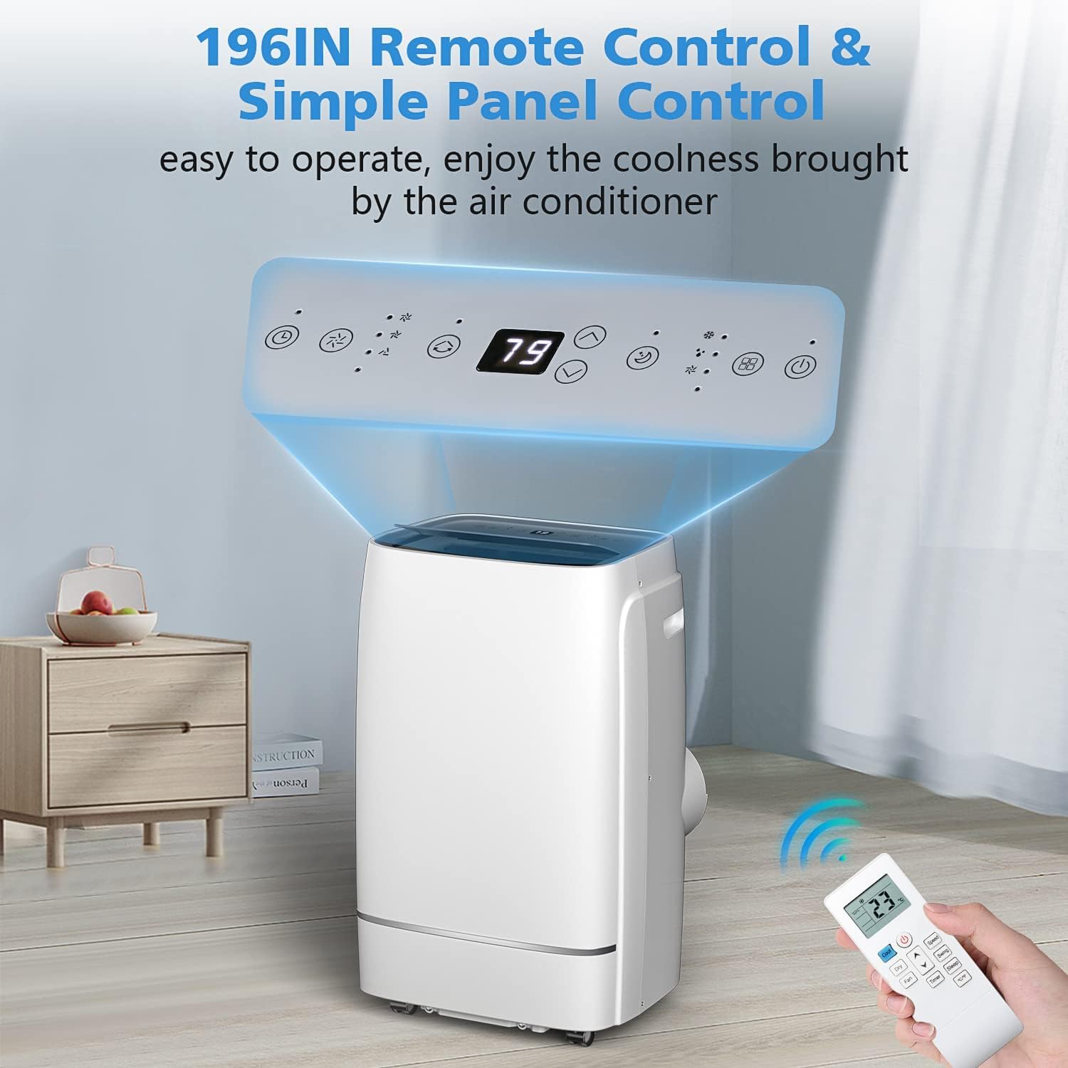 COWSAR Portable AC with an illuminated LED control panel and a remote control.