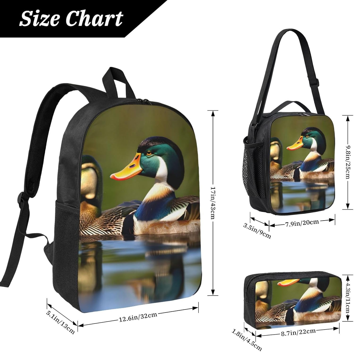 two mallard ducks print 3 Piece Backpack Bags with Lunch Box Pencil Case Set for Travel Work Camping Unisex