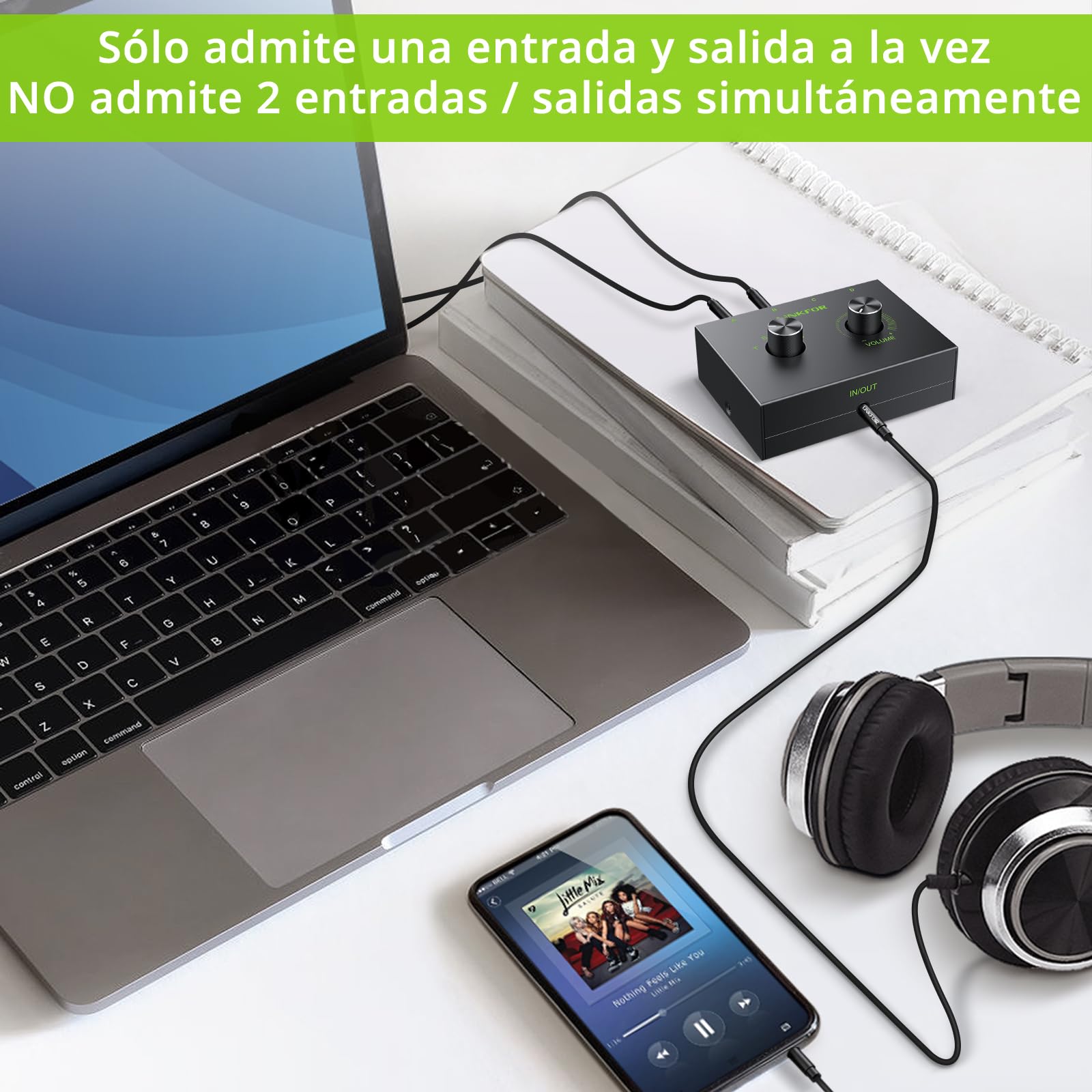 LiNKFOR Conmutador de Audio 3,5 mm bidireccional,4 Puertos Selector de Audio 4(1) in-1(4)-out con Audio de 3,5mm Cable,Switch Audio Jack 3,5 para Altavoz,PC, Teléfono,Auriculares