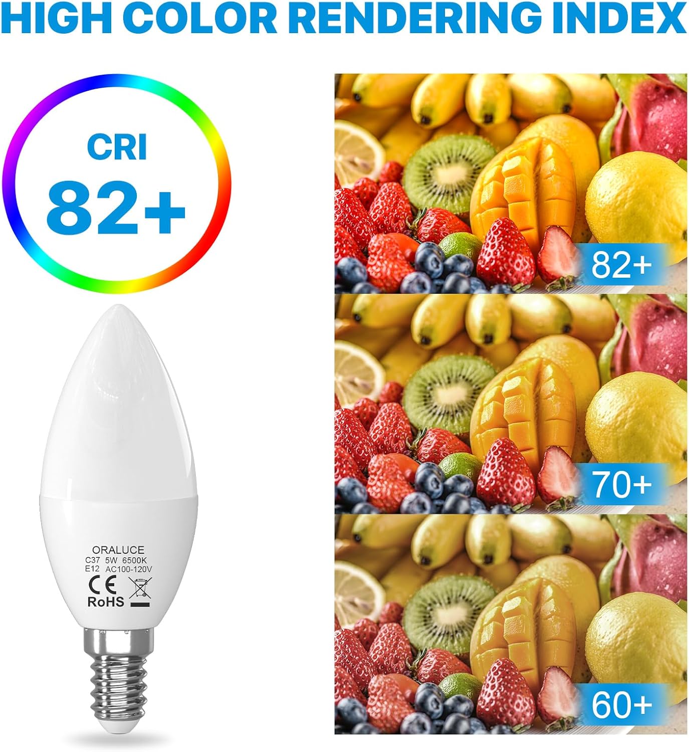 ORALUCE E12 LED Candelabra Light Bulbs - 40 Watt Equivalent, 6500K Cool White Chandelier Light Bulbs Non-dimmable, Type B Light Bulb for Ceiling Fan, 5W 450LM 6 Pack