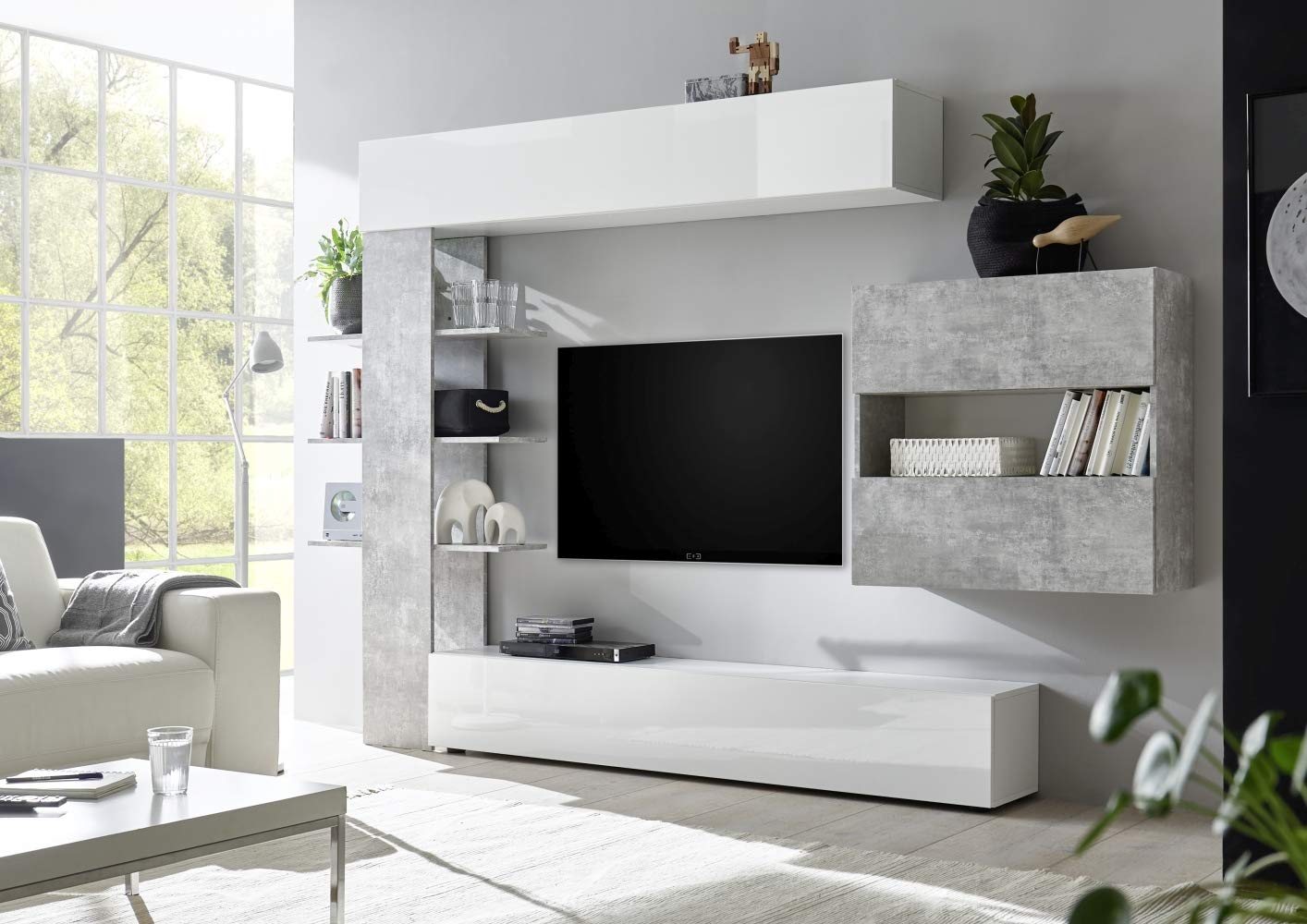 Web Convenienza Parete TV Attrezzata Collezione Sorano 2 B - Mobile Televisore in Legno con Ante a Ribalta Moderno - Color Bianco e Cemento