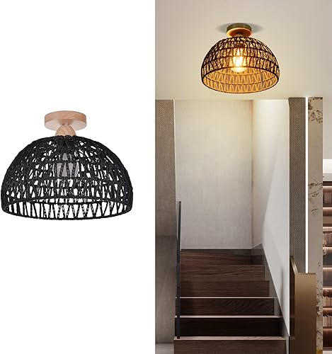 Arturesthome Lámpara de techo de ratán de cuerda de cáñamo negra, lámpara de techo semibohemia, tambor de mimbre, lámpara rústica de granja para disponible en Yaxa Peru