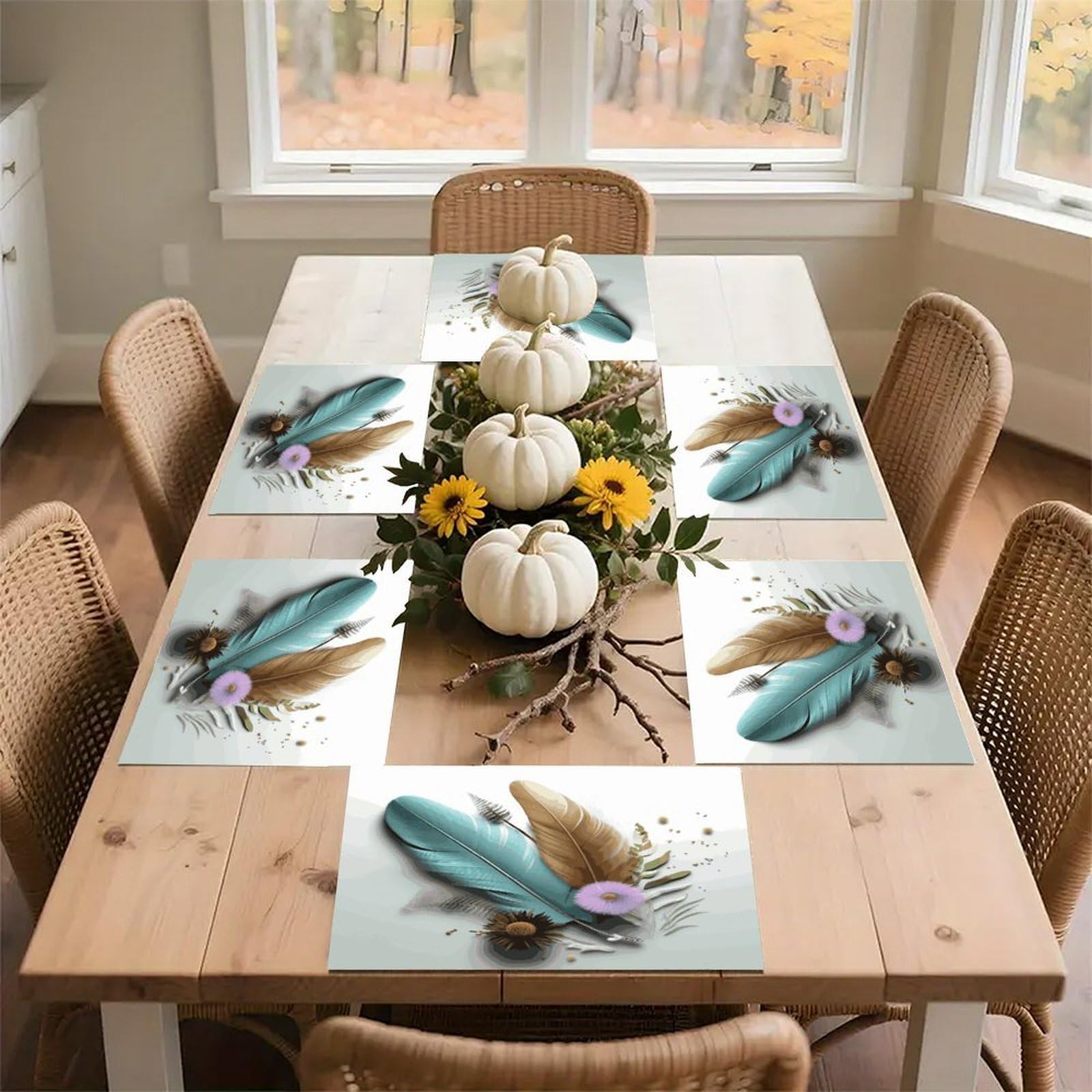 Feather Flower Placemats Wipeable Heat Resistant Table Mats Washable Flax Place Mats Elegant Cloth Non-Slip Placemat for Kitchen Dinning Party Table Decor 12 * 18 in