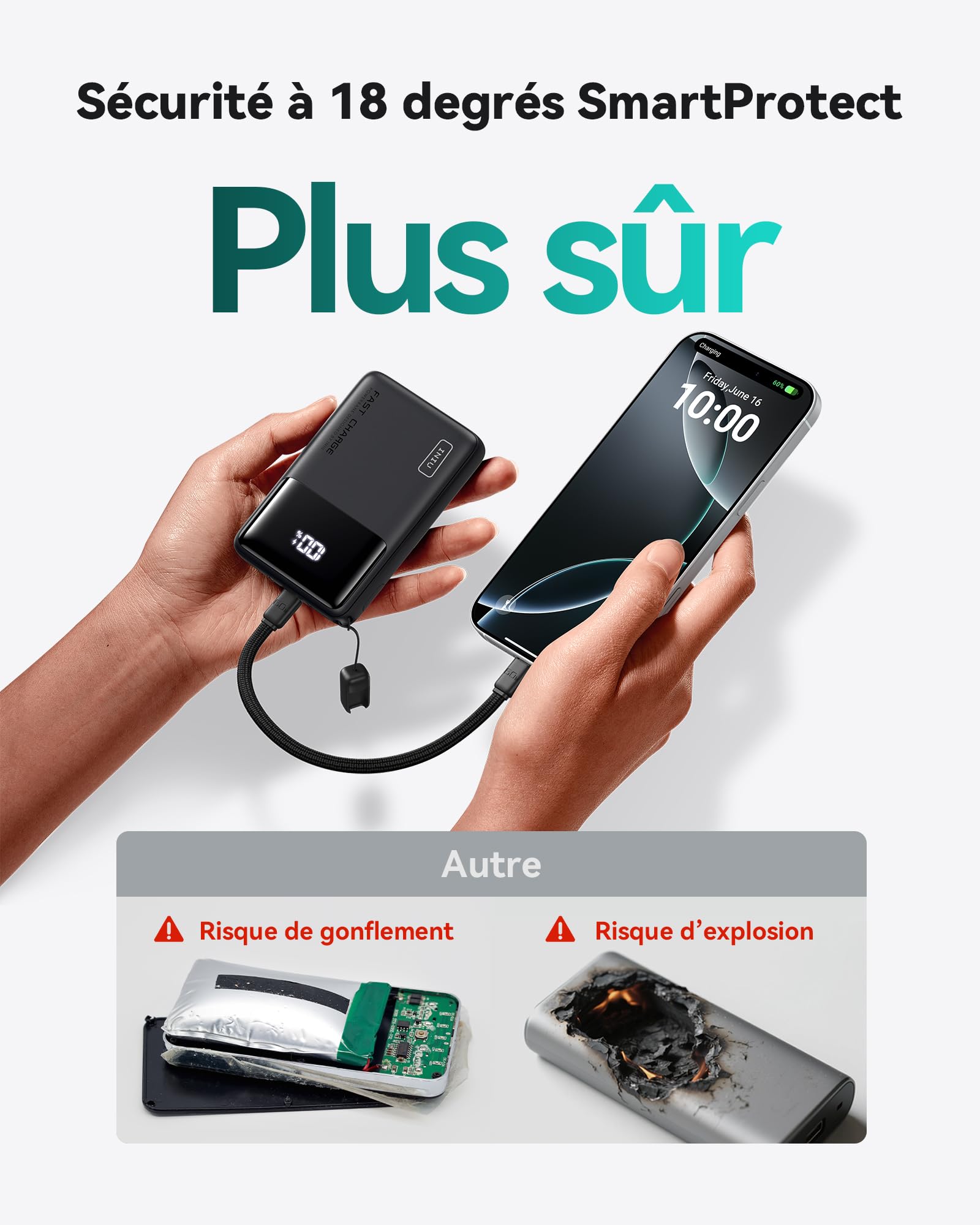 INIU Batterie Externe, Mini 10000mAh 45W Charge Rapide Power Bank avec Câble USB C Amovible, Essentiels de Voyage, Autorisé en Avion, Batterie Portable pour iPhone 17 16 Samsung S25 Xiaomi iPad etc