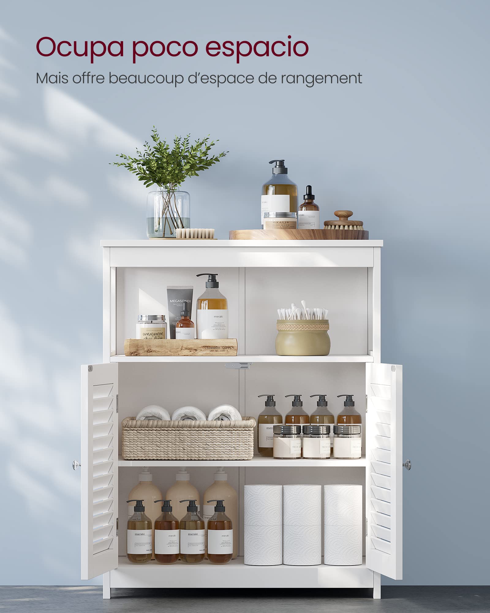 VASAGLE Armario del baño, Mueble baño, auxiliar, Organizador con 2 puertas de persianas, sala de estar, cocina, entrada, Blanco BBC40WT | SAGGIO BBC40WT - Armario de baño independiente, color blanco