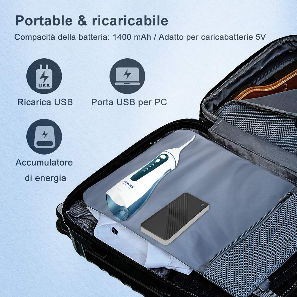 Idropulsore Dentale Portatile, Irrigatore Orale Professionale 4 Modalità e 5 Ugelli di Ricambio con rotazione di 360 °, Ricaricabile USB, IPX7 Impermeabile, Adatto a viaggio e a casa