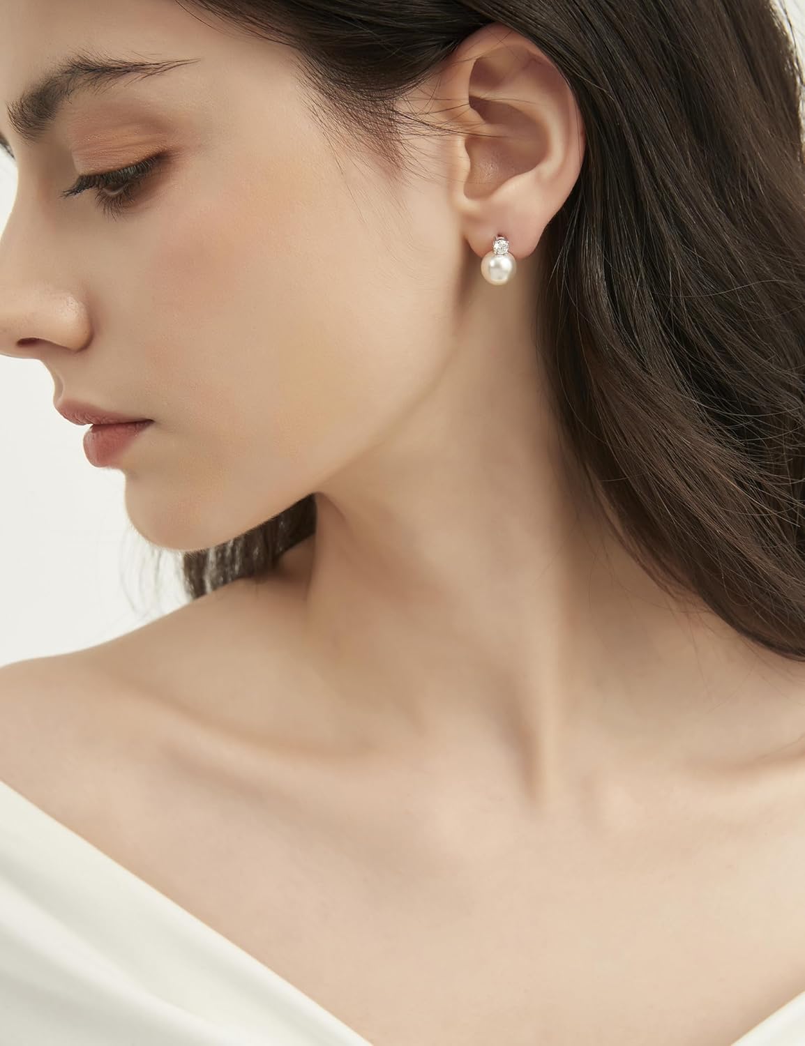Mameloly Pearl Earrings for Women Dainty 925 Sterling Silver Cubic Zirconia CZ 10MM Simulated White Pearl Stud Drop Engagement Wedding Birdal Earrings Hypoallergenic - Image 3