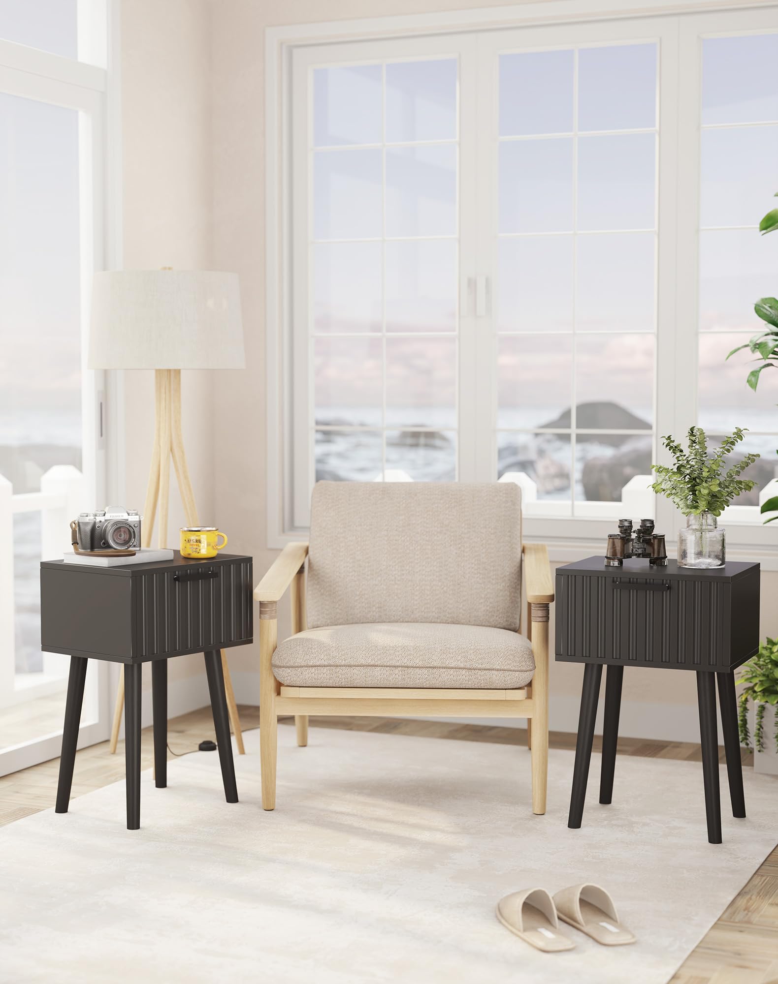 YMYNY Nachttisch 2er Set, Beistelltisch, Nachtschrank, Magnetschublade mit geriffelten Fronten, Massivholz Beinen, Modern, Couchtisch für Schlafzimmer Wohnzimmer, Schwarz HST014B-2