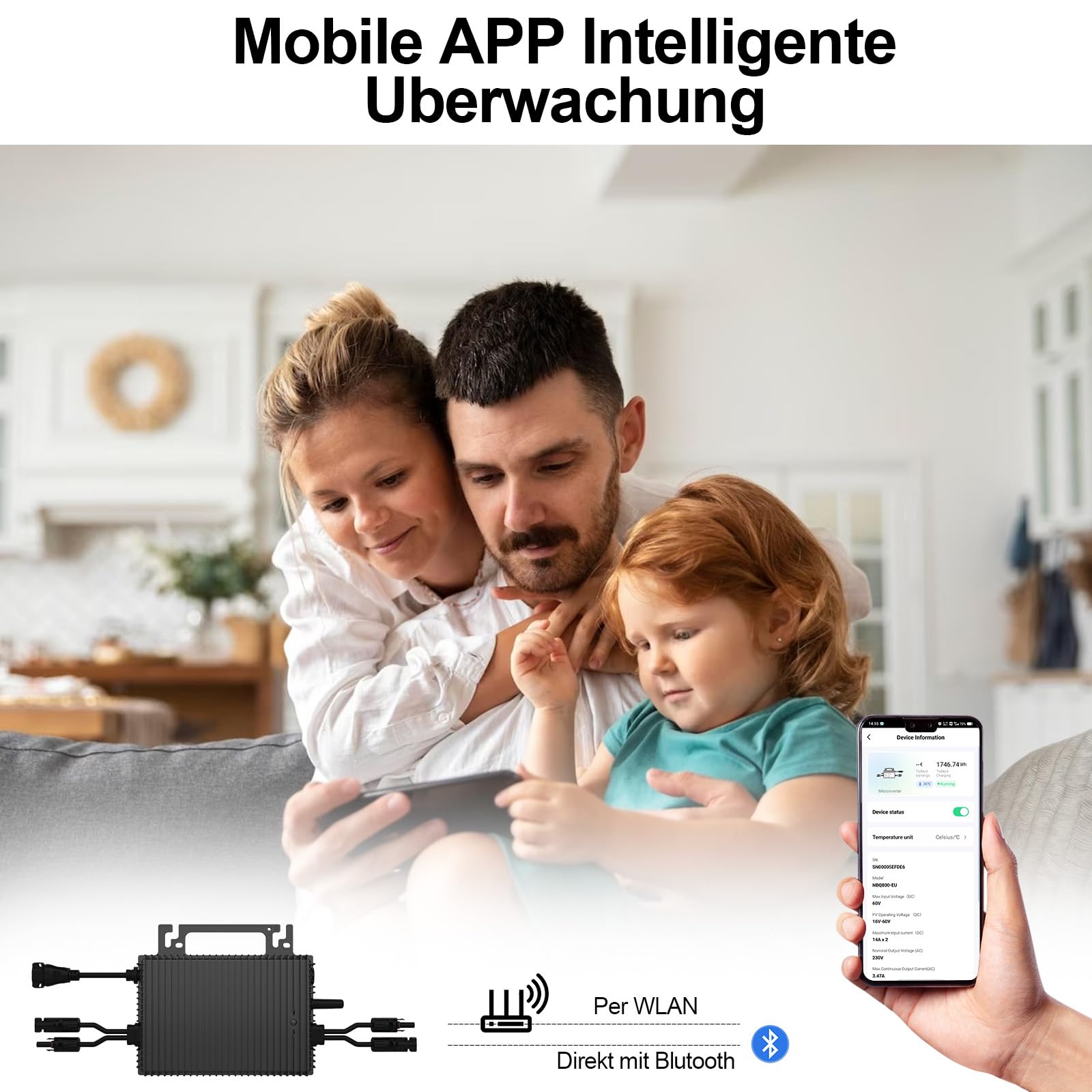 Mikro Wechselrichter 1000W mit 2 MPPT, Balkonkraftwerk，IP67，WLAN | Plug & Play mit 5 m AC-Kabel, bis zu 96 % Wirkungsgrad und App-Steuerung